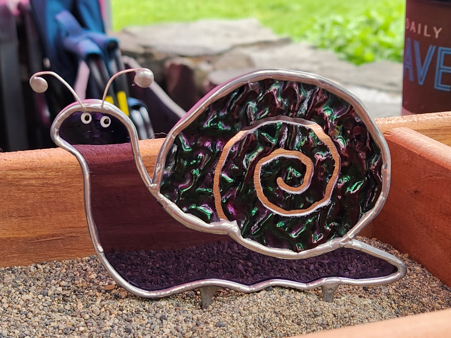Purple Waterglass & Dichoric Snail Stained Glass Plant Stake