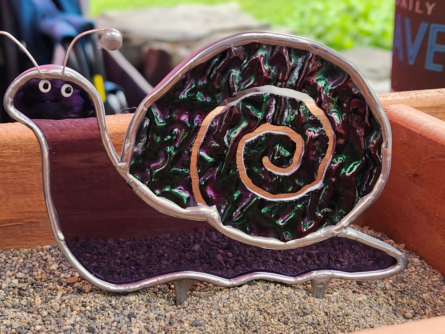 Purple Waterglass & Dichoric Snail Stained Glass Plant Stake