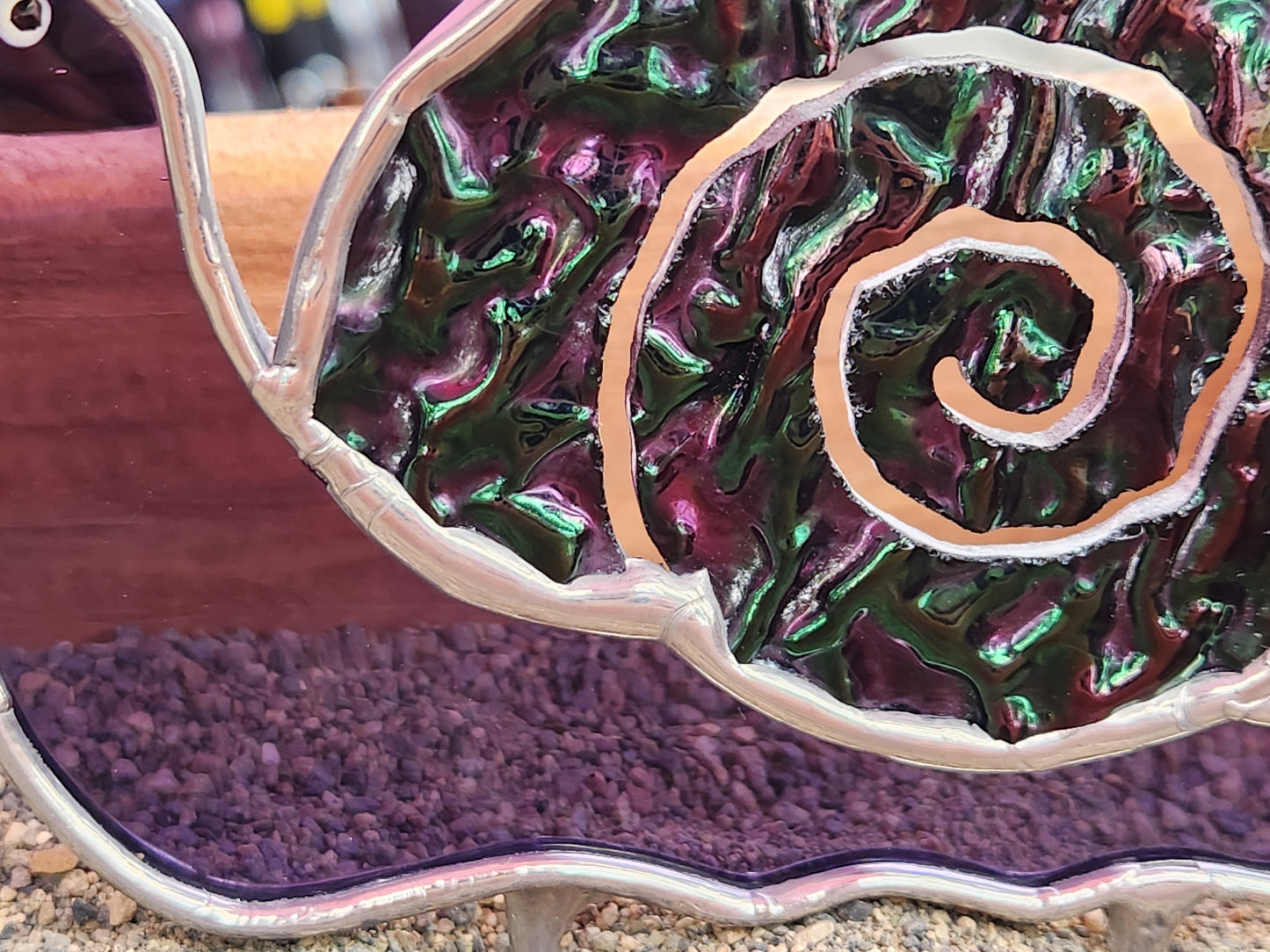Purple Waterglass & Dichoric Snail Stained Glass Plant Stake