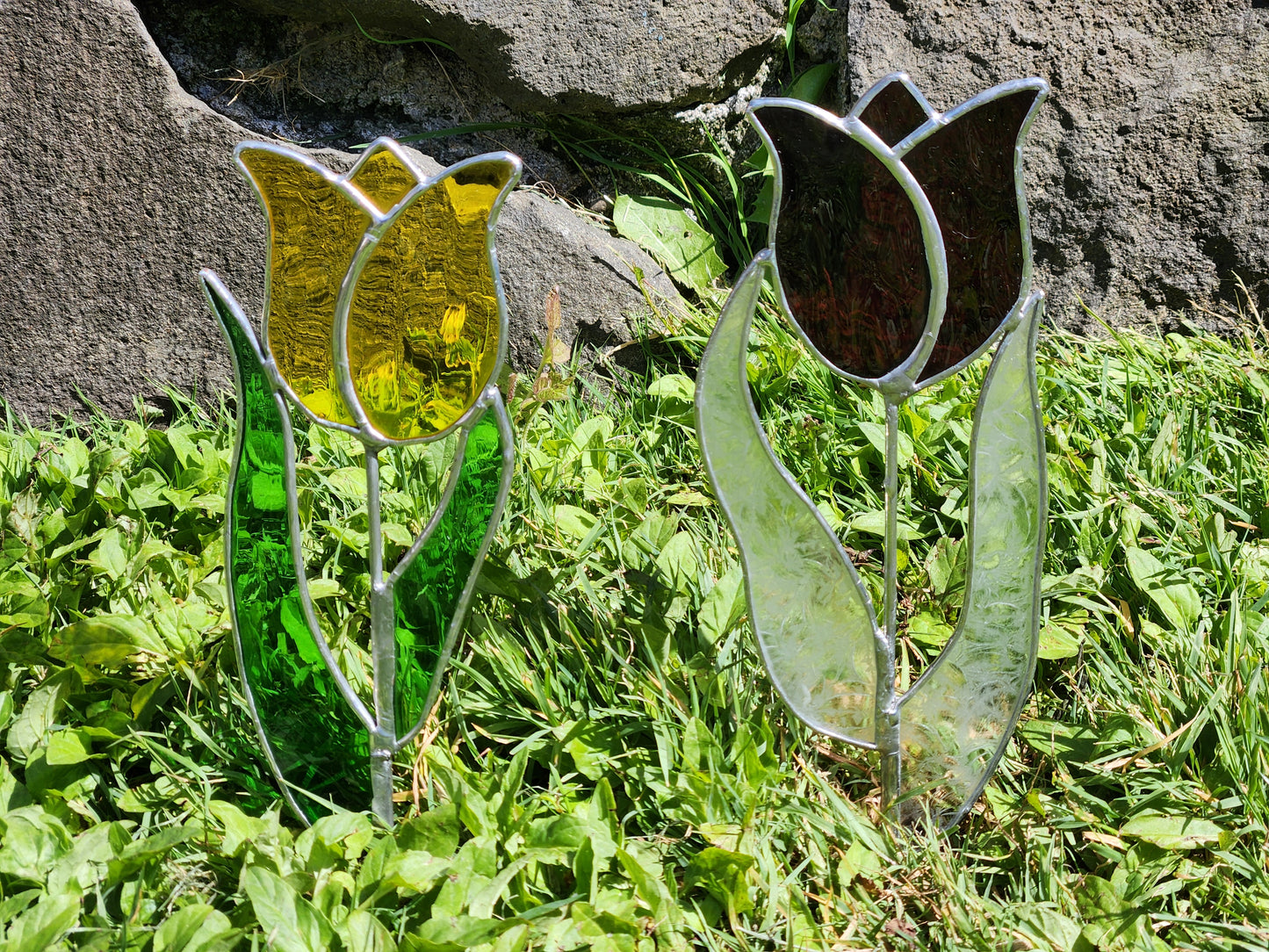 Yellow Waterglass and Green Tulip Stained Glass Plant Stake