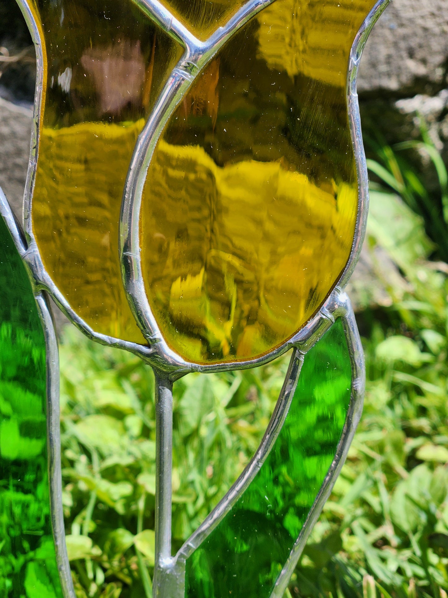 Yellow Waterglass and Green Tulip Stained Glass Plant Stake