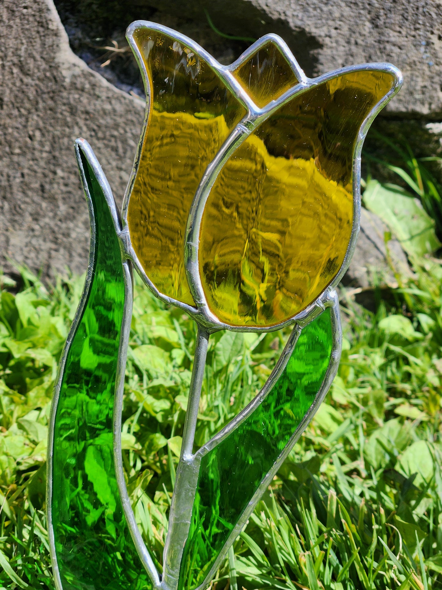 Yellow Waterglass and Green Tulip Stained Glass Plant Stake