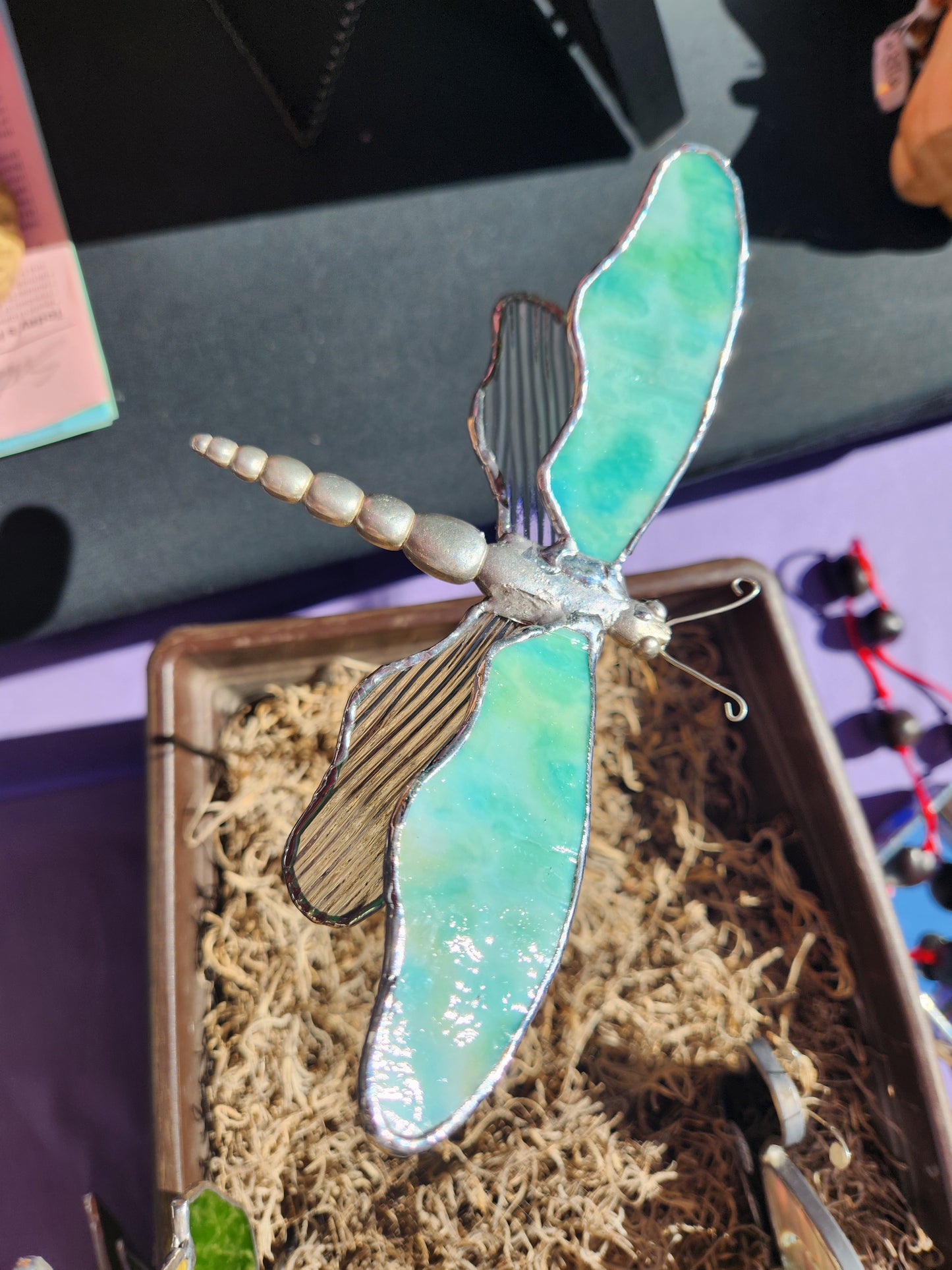 Seafoam & Clear Dragonfly Stained Glass Plant Stake