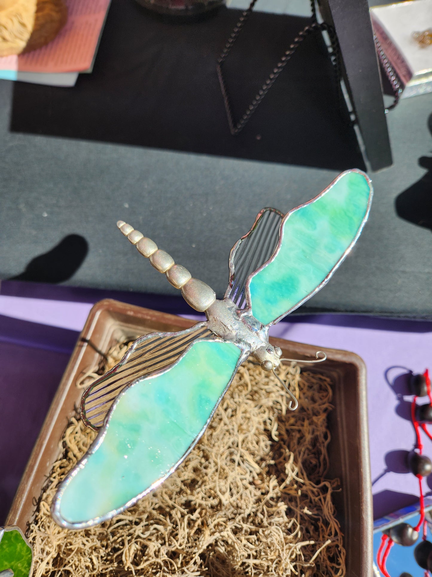 Seafoam & Clear Dragonfly Stained Glass Plant Stake