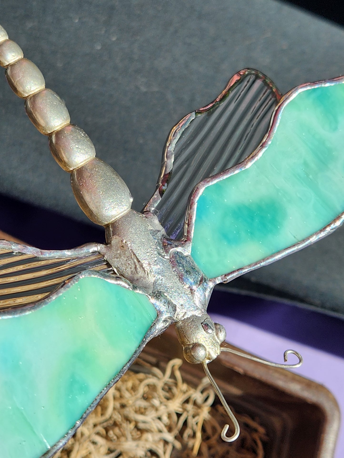 Seafoam & Clear Dragonfly Stained Glass Plant Stake