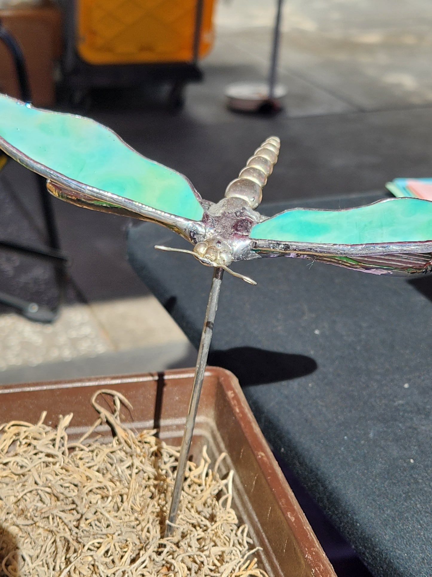 Seafoam & Clear Dragonfly Stained Glass Plant Stake