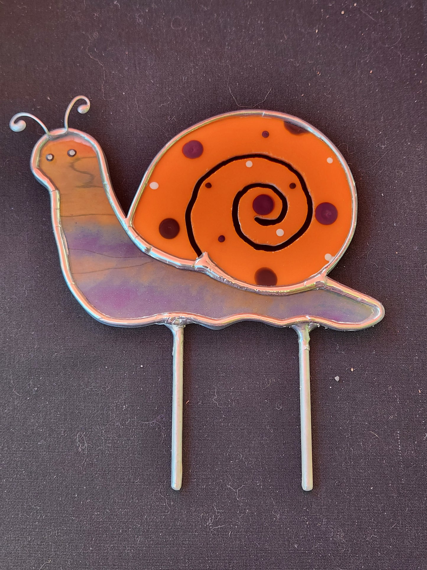 Iridescent Waterglass & Orange, with Hand Painted Dots, Snail Stained Glass Plant Stake