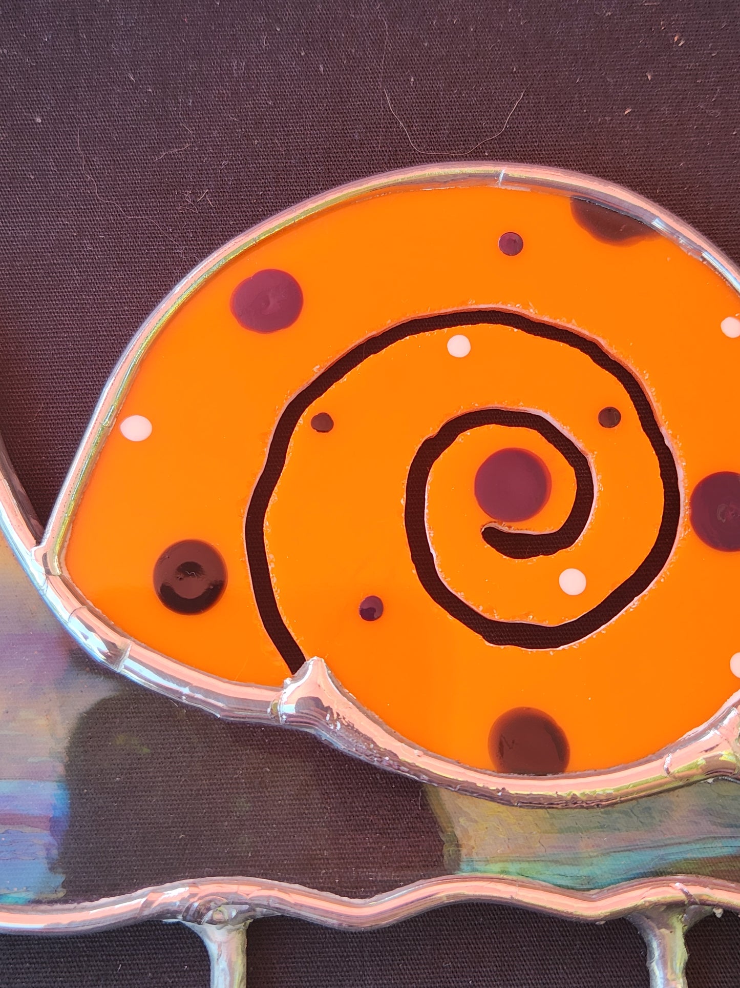 Iridescent Waterglass & Orange, with Hand Painted Dots, Snail Stained Glass Plant Stake