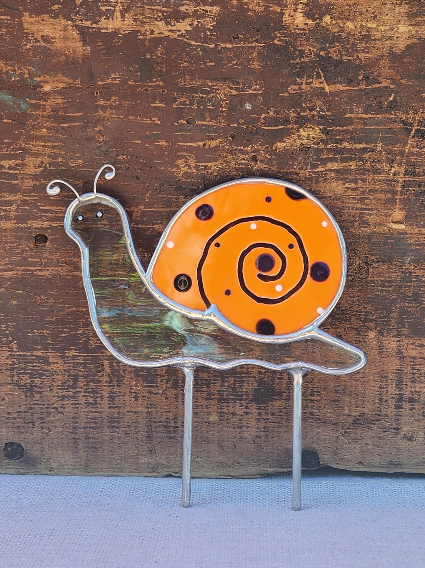 Iridescent Waterglass & Orange, with Hand Painted Dots, Snail Stained Glass Plant Stake