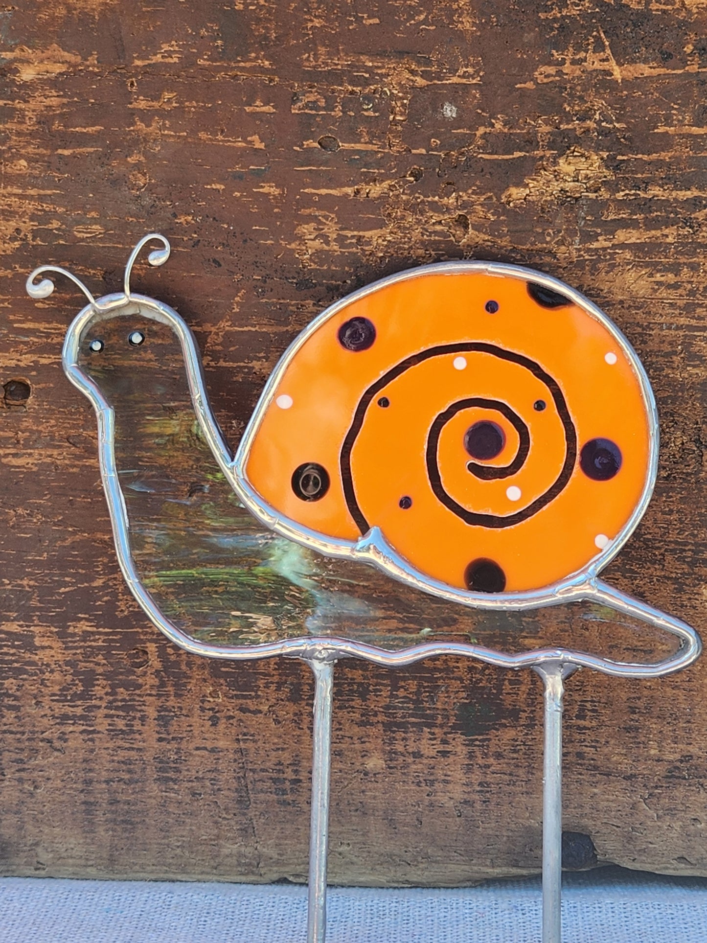 Iridescent Waterglass & Orange, with Hand Painted Dots, Snail Stained Glass Plant Stake