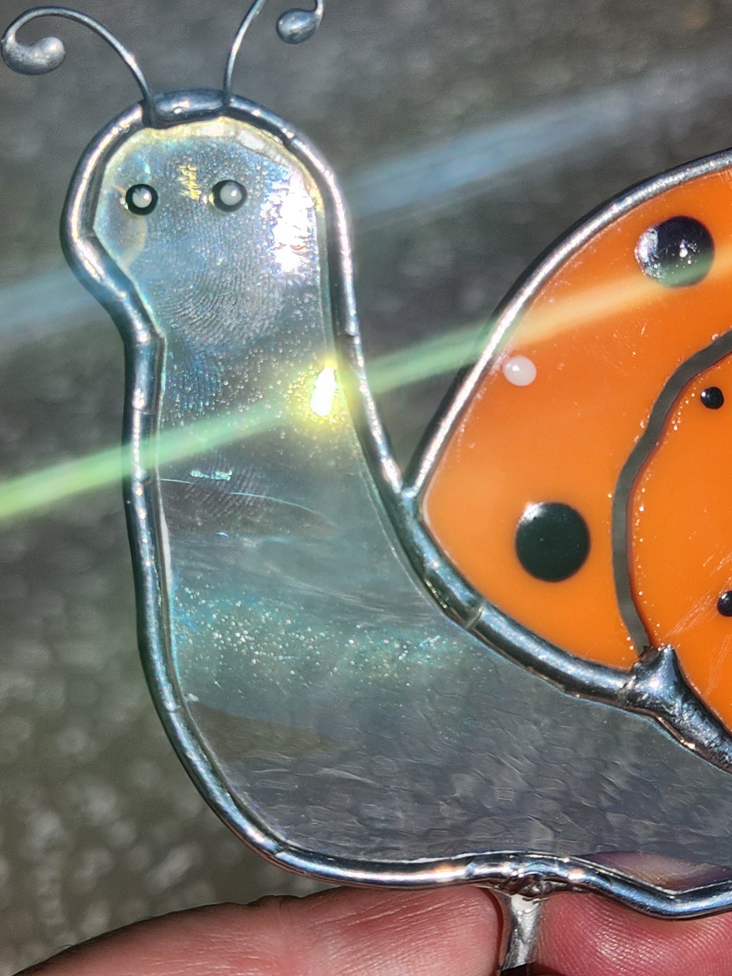 Iridescent Waterglass & Orange, with Hand Painted Dots, Snail Stained Glass Plant Stake