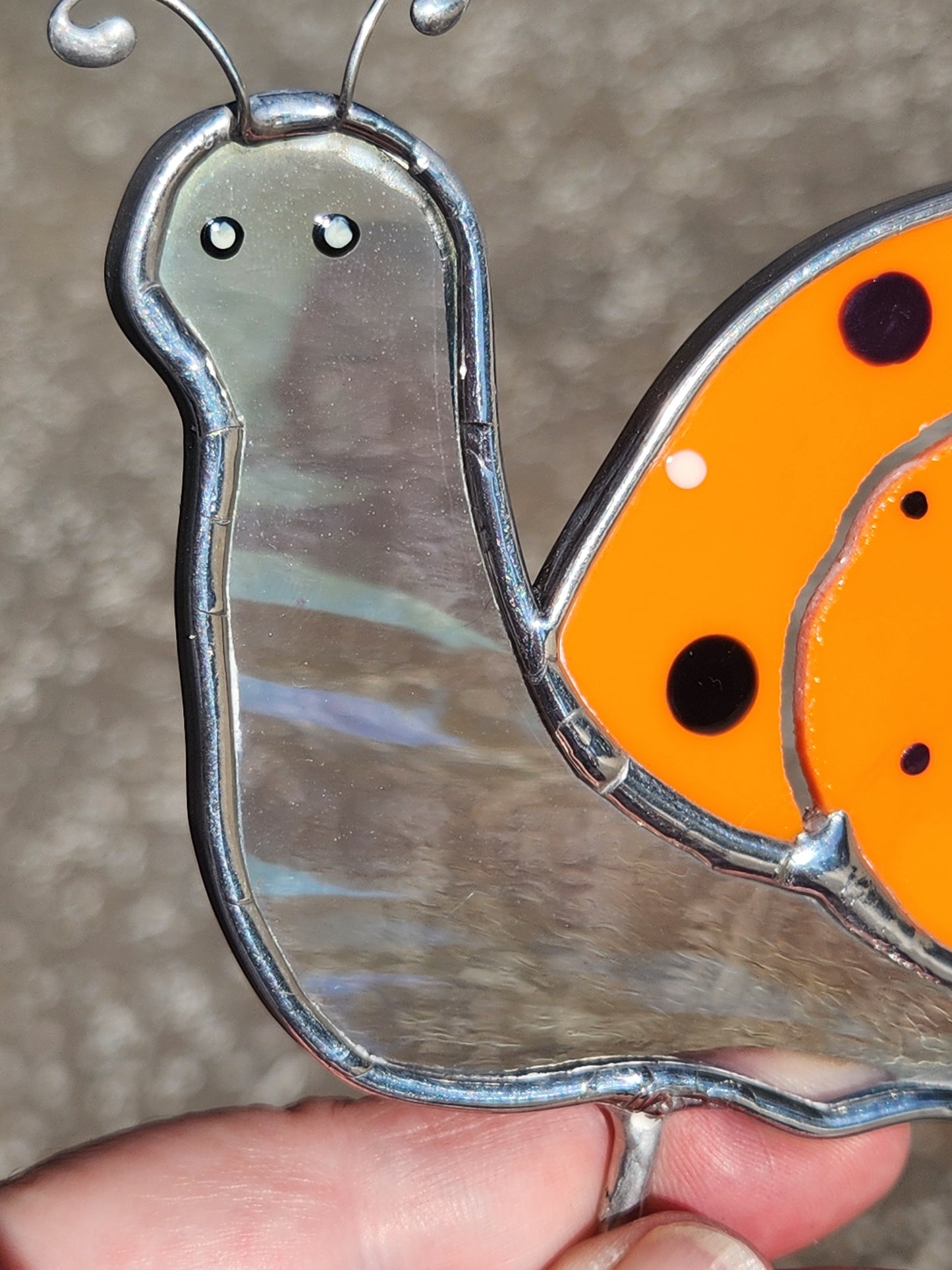 Iridescent Waterglass & Orange, with Hand Painted Dots, Snail Stained Glass Plant Stake