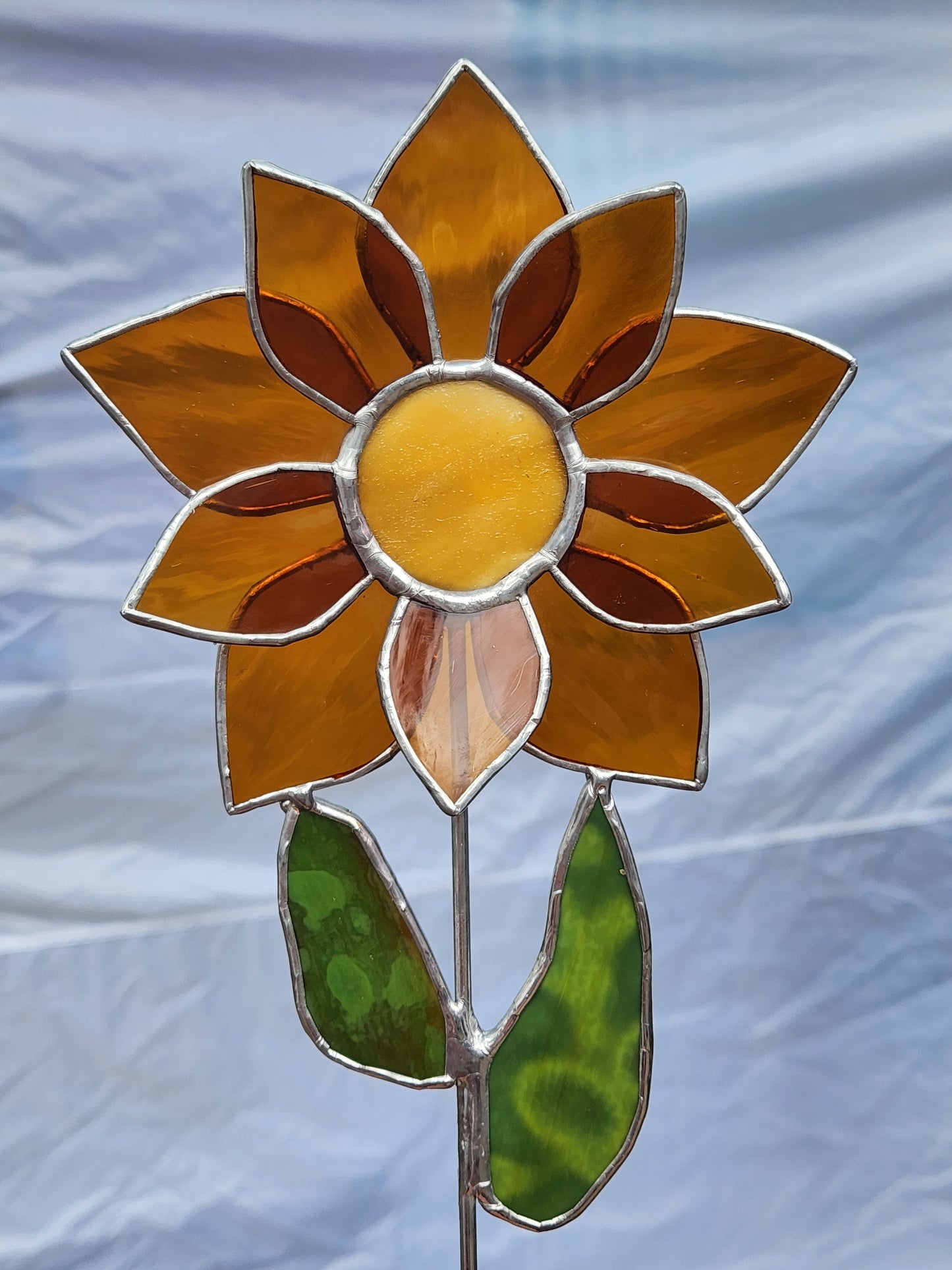 Dark Orange Stained Glass Sunflower Plant Stake with Texture Brown Center