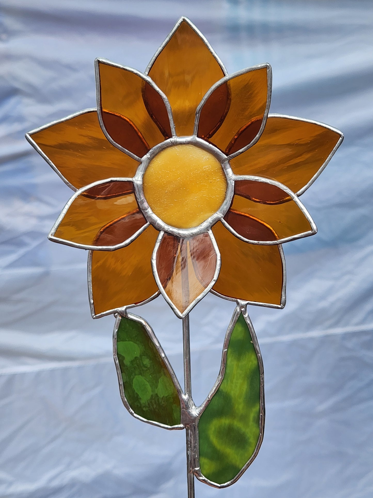 Dark Orange Stained Glass Sunflower Plant Stake with Texture Brown Center