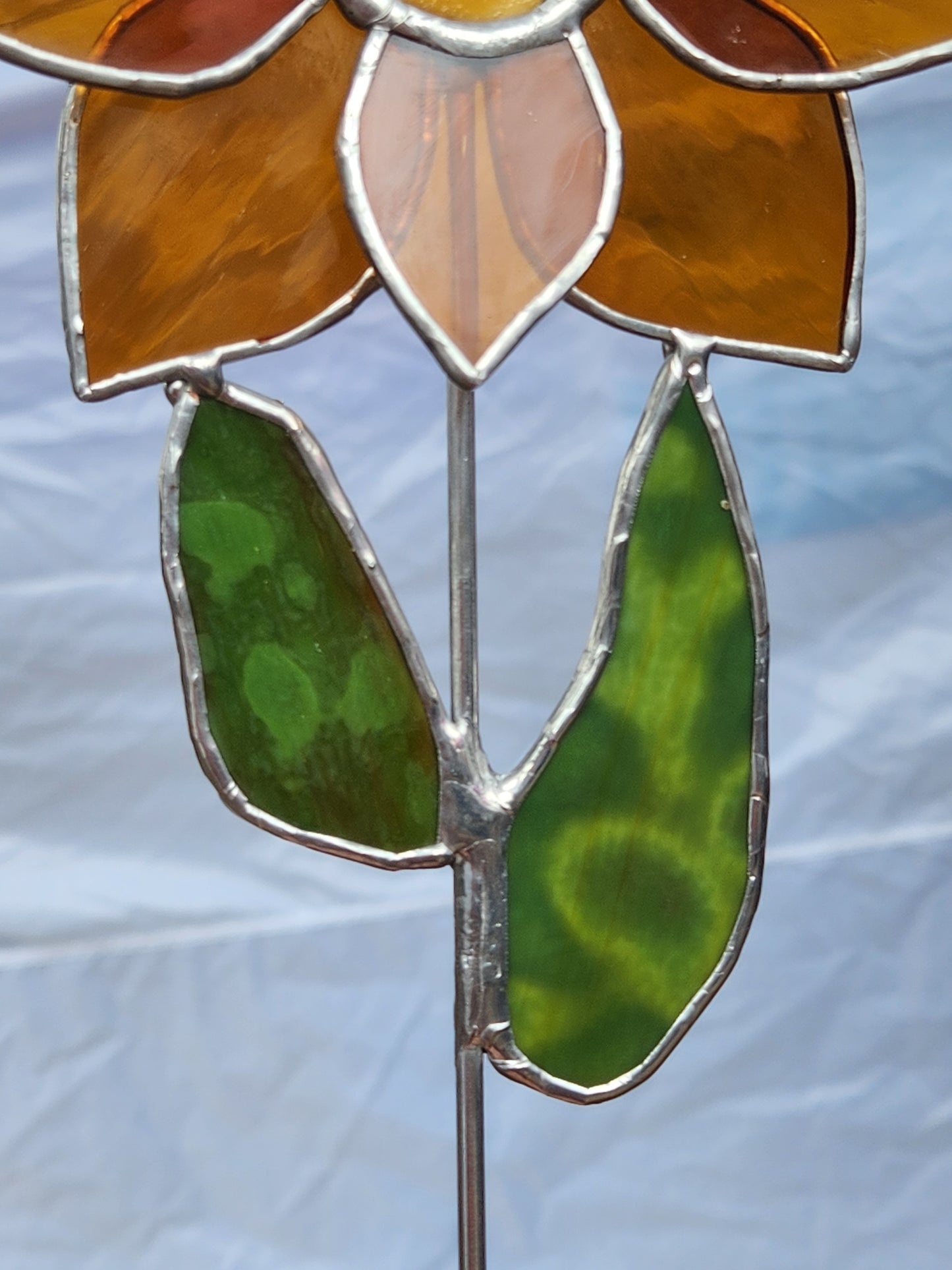 Dark Orange Stained Glass Sunflower Plant Stake with Texture Brown Center