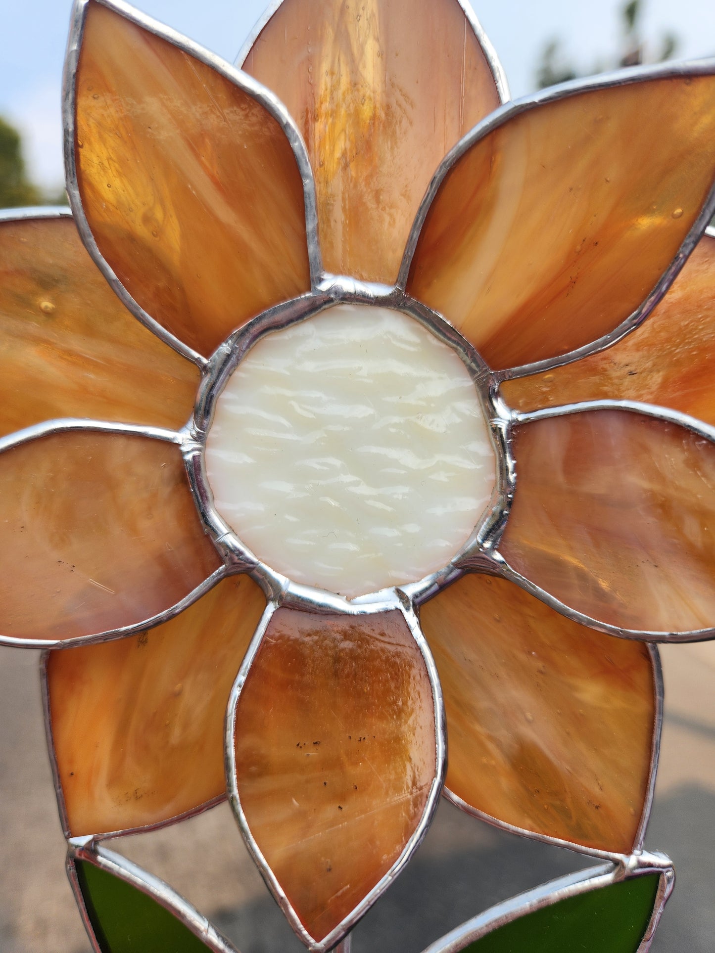 Burnt Orange & White Wispy Stained Glass Sunflower Plant Stake with Textured Cream Center