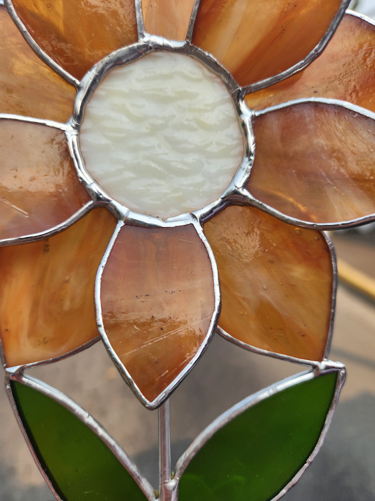 Burnt Orange & White Wispy Stained Glass Sunflower Plant Stake with Textured Cream Center