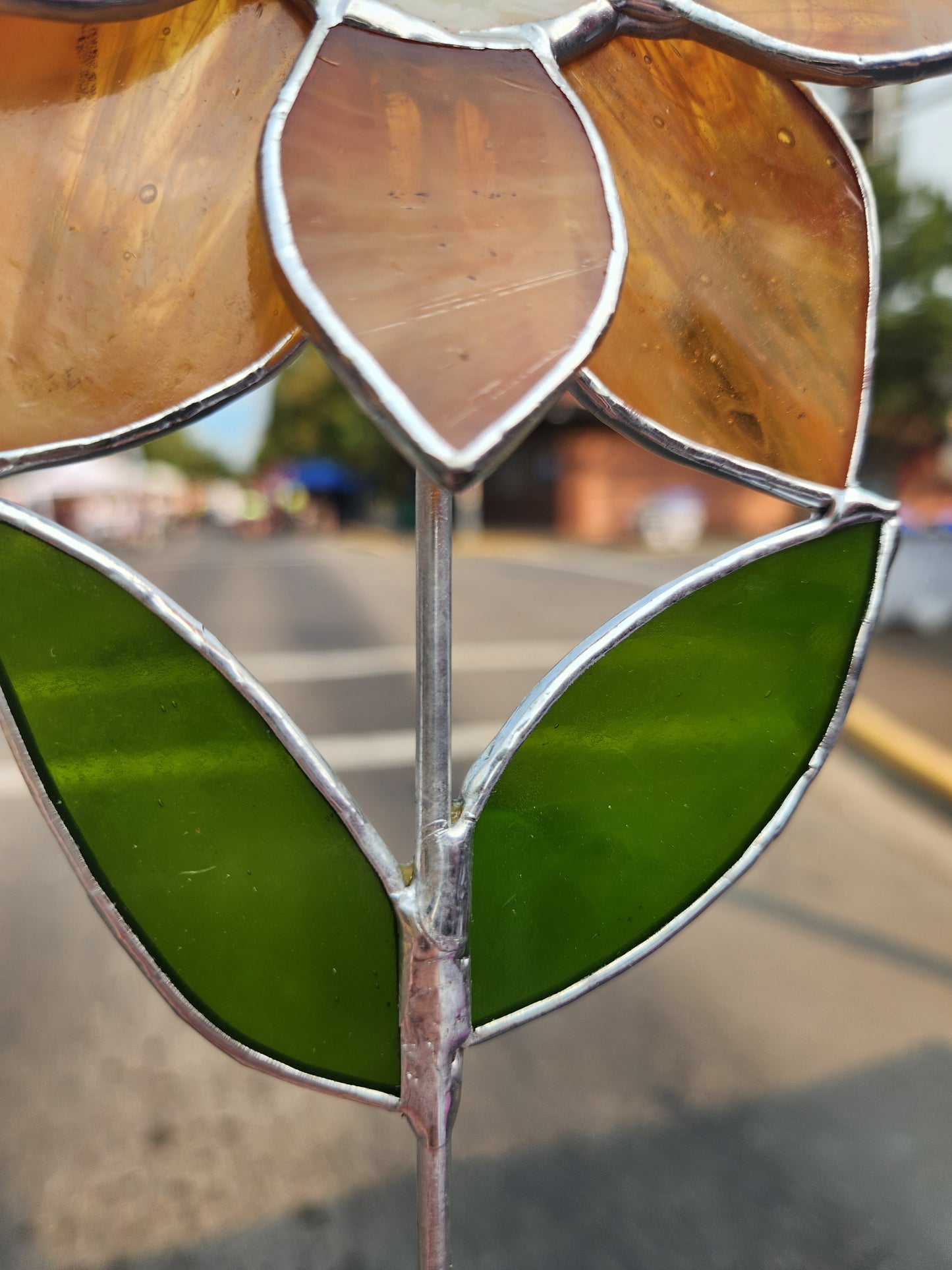Burnt Orange & White Wispy Stained Glass Sunflower Plant Stake with Textured Cream Center