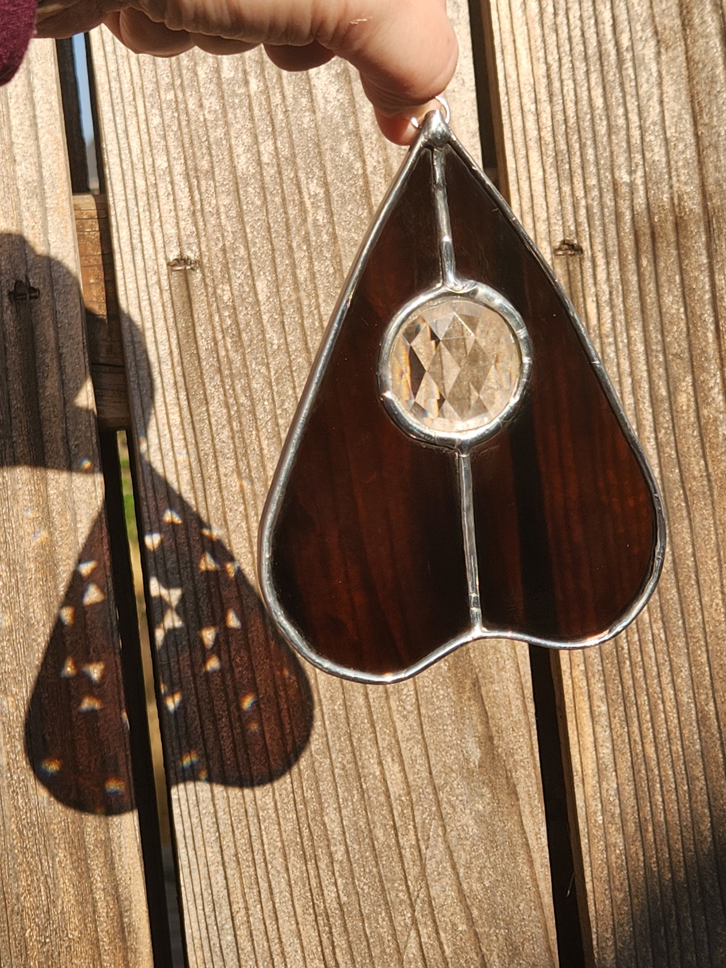 Streaky Brown & Large Clear Jewel Stained Glass Planchette