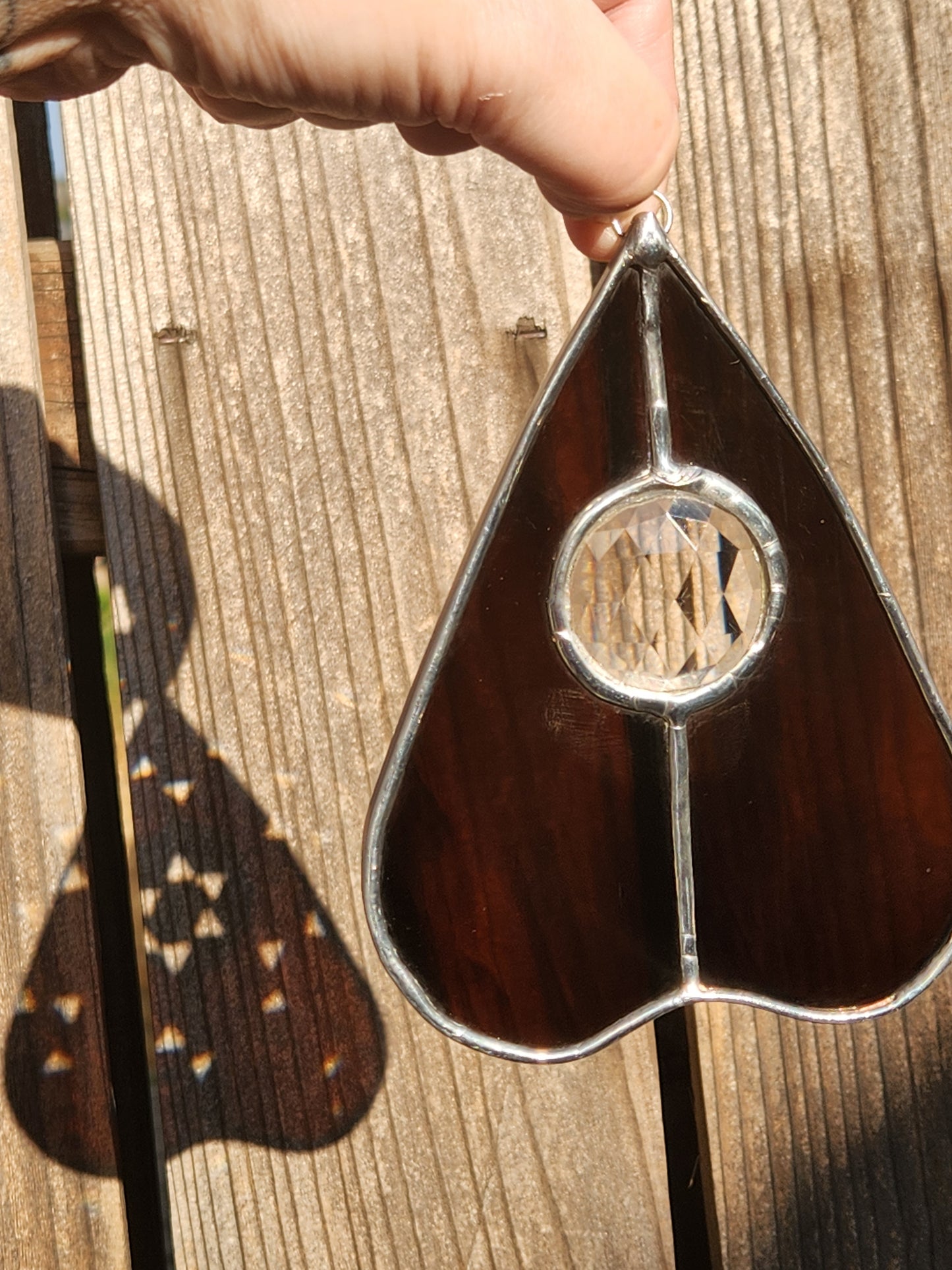 Streaky Brown & Large Clear Jewel Stained Glass Planchette