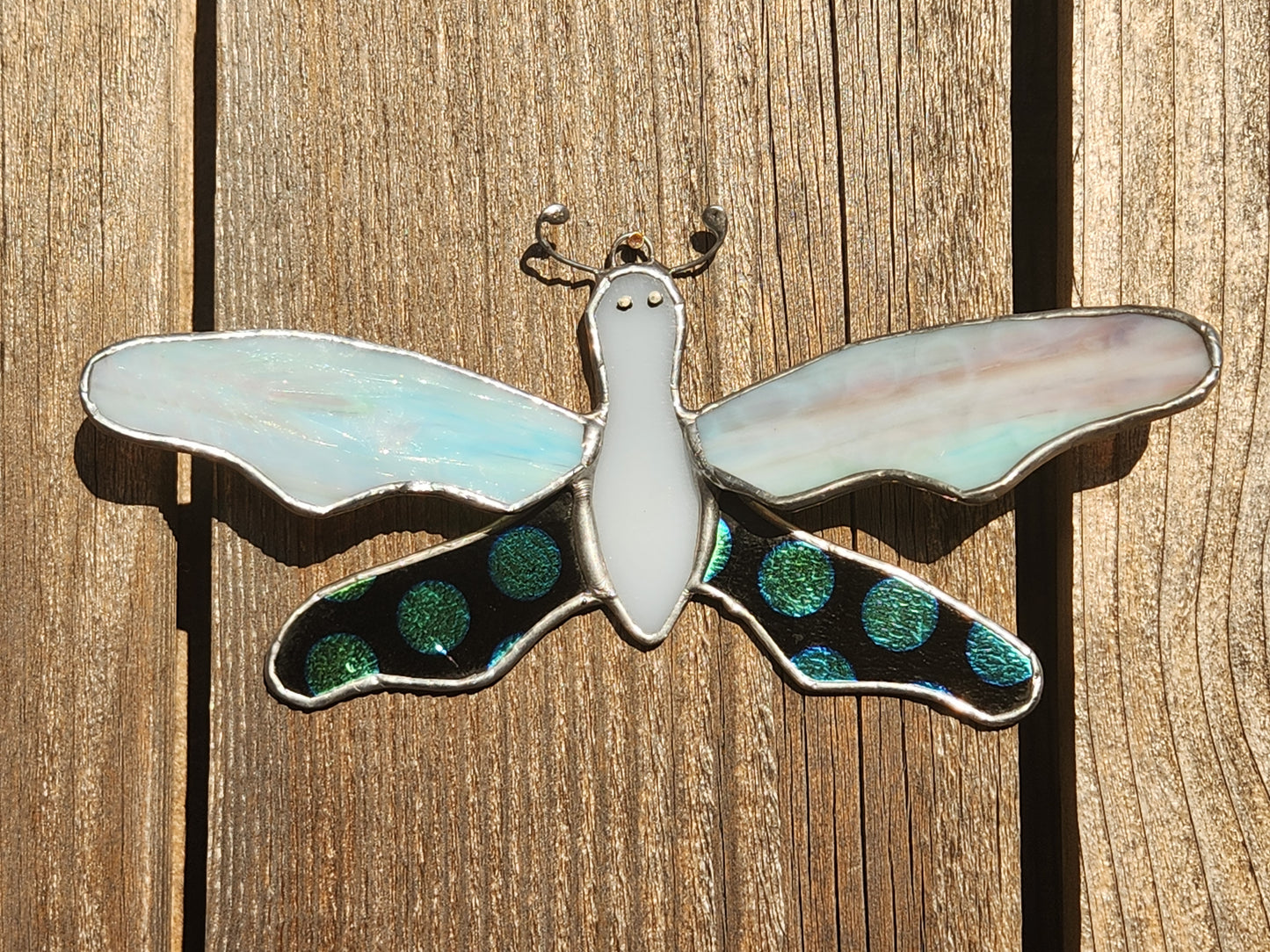 Cotton Candy Mottle & Dichroic Polka Dot Dragonfly Stained Glass Suncatcher