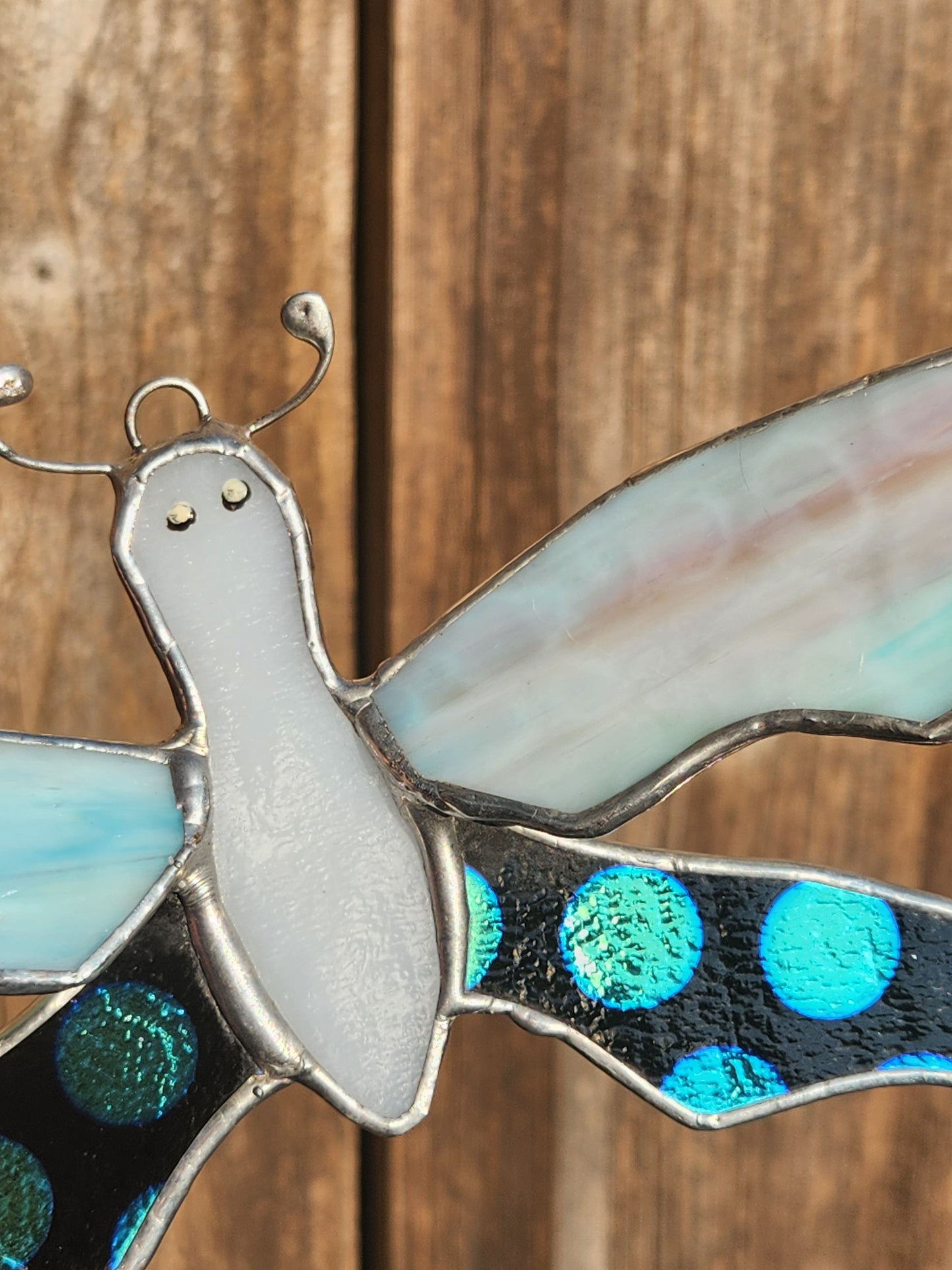 Cotton Candy Mottle & Dichroic Polka Dot Dragonfly Stained Glass Suncatcher