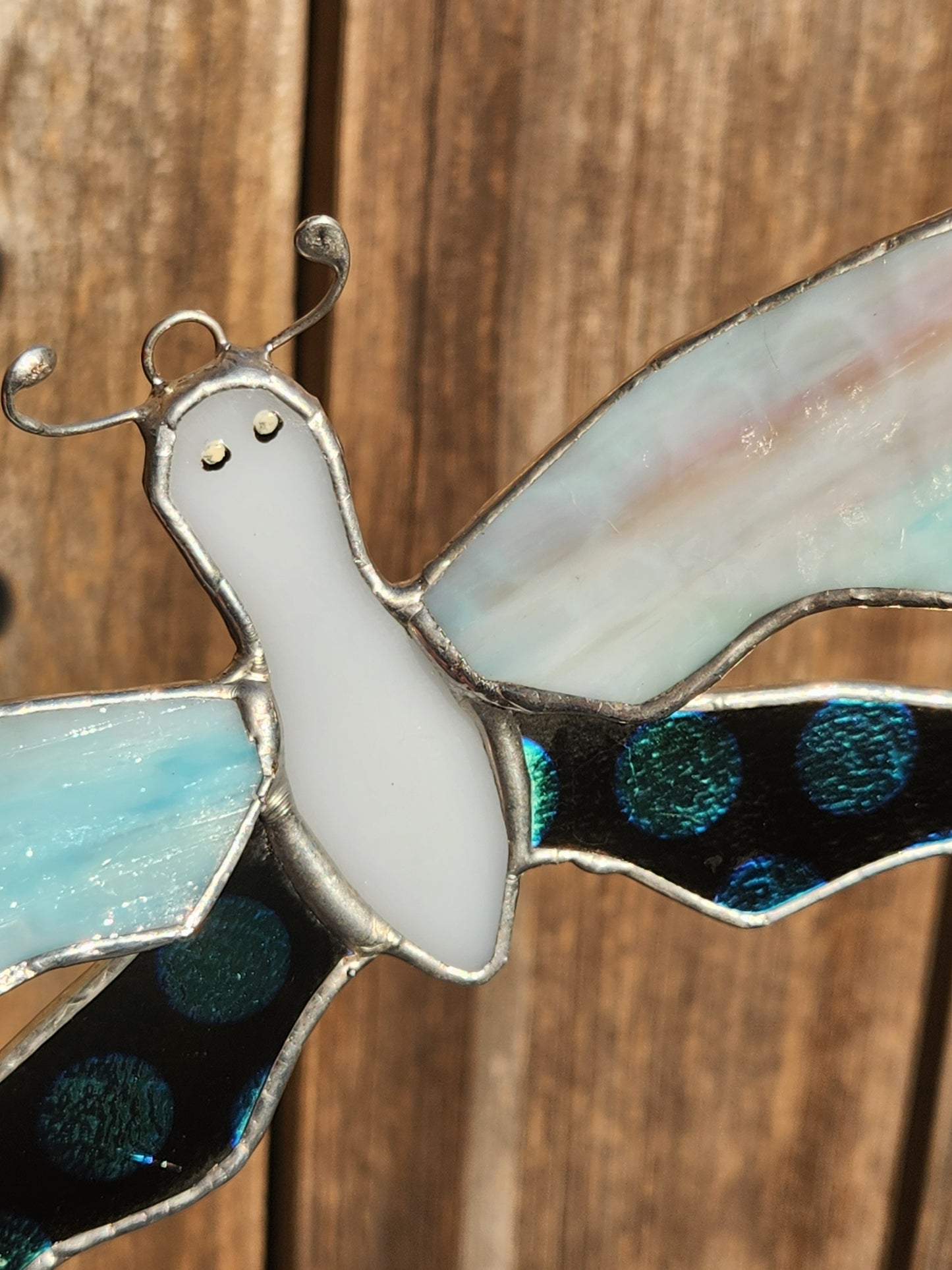 Cotton Candy Mottle & Dichroic Polka Dot Dragonfly Stained Glass Suncatcher