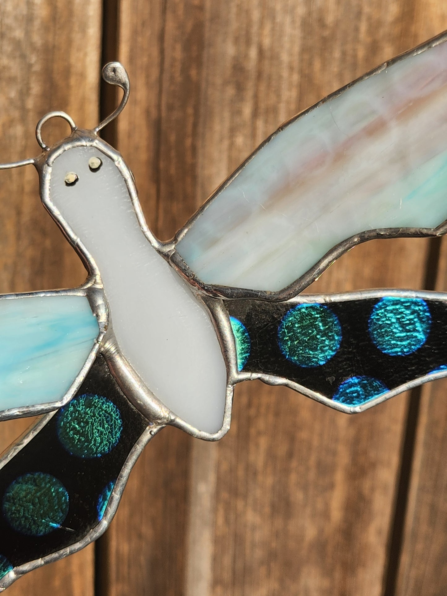 Cotton Candy Mottle & Dichroic Polka Dot Dragonfly Stained Glass Suncatcher