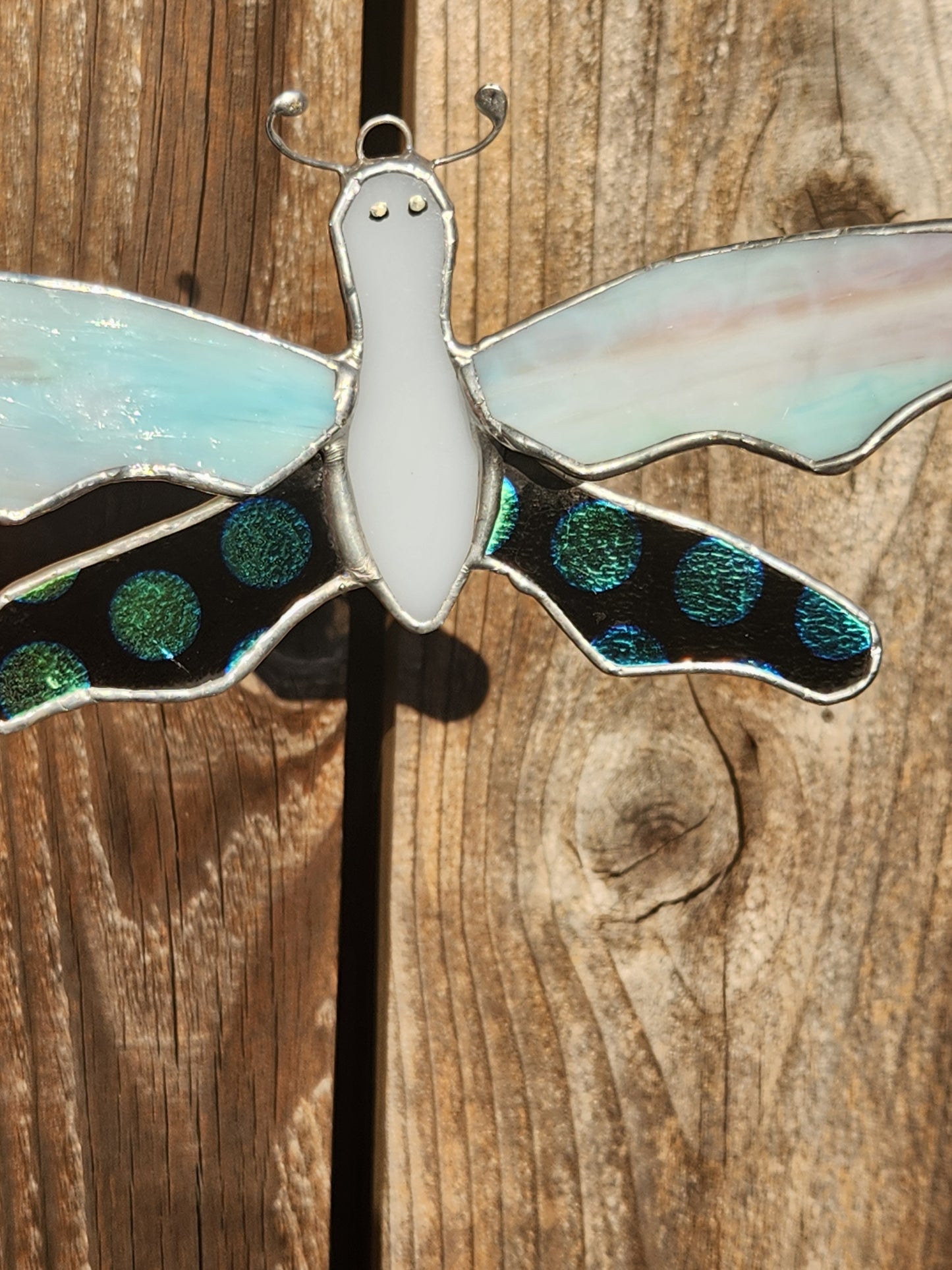 Cotton Candy Mottle & Dichroic Polka Dot Dragonfly Stained Glass Suncatcher