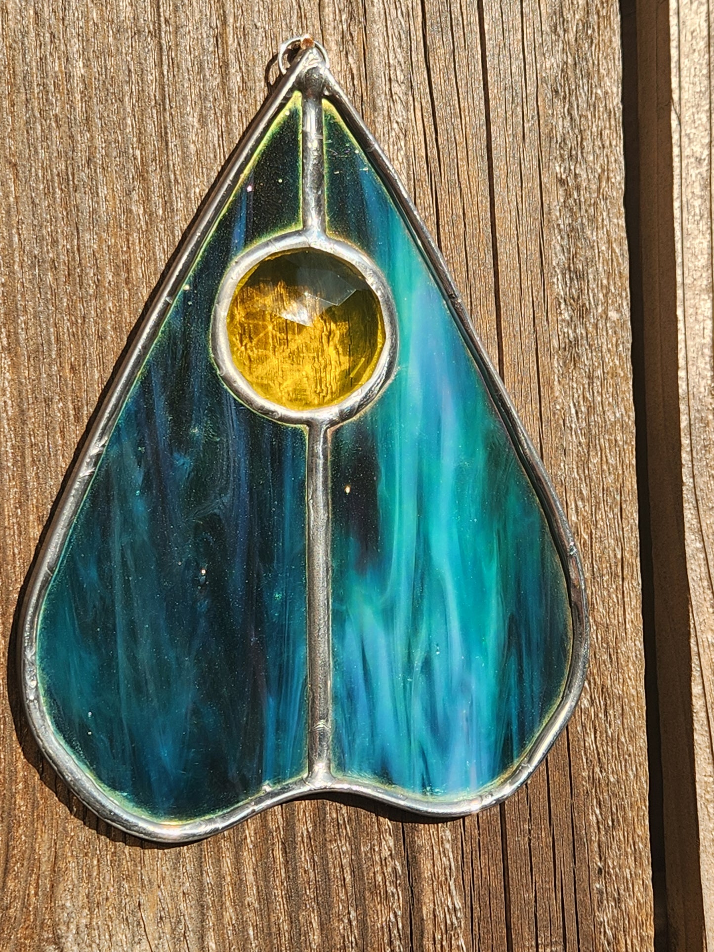 Teal Iridescent & Yellow Jewel Stained Glass Planchette