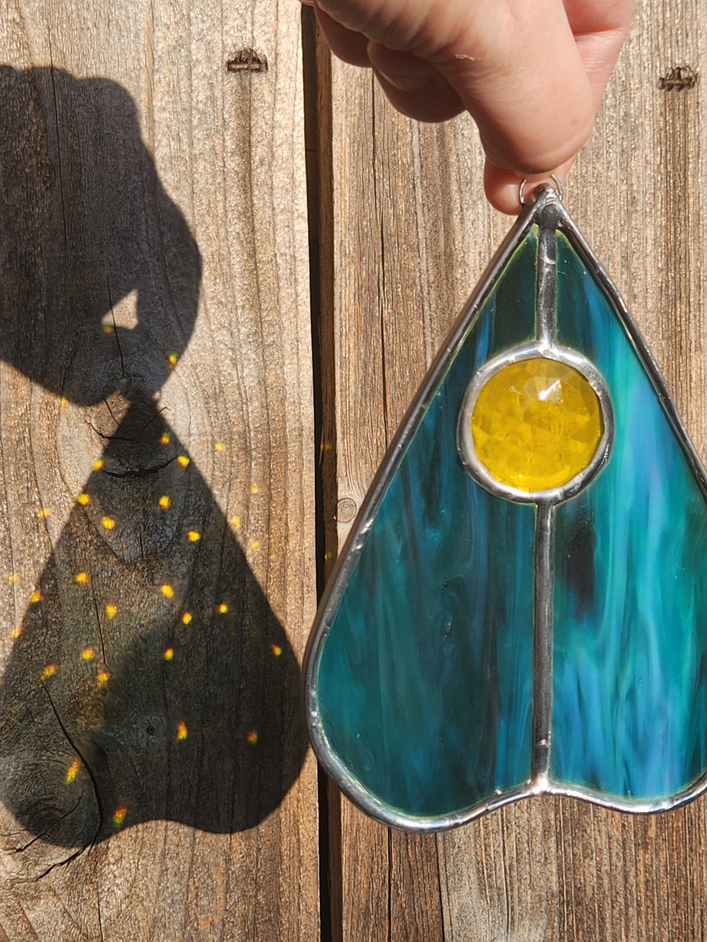 Teal Iridescent & Yellow Jewel Stained Glass Planchette