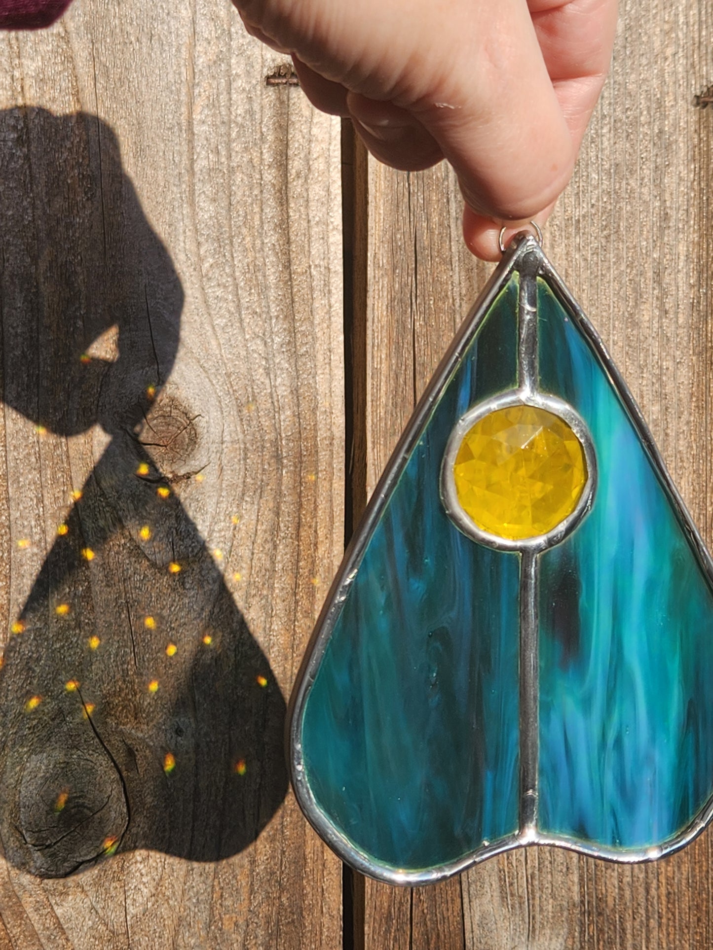 Teal Iridescent & Yellow Jewel Stained Glass Planchette