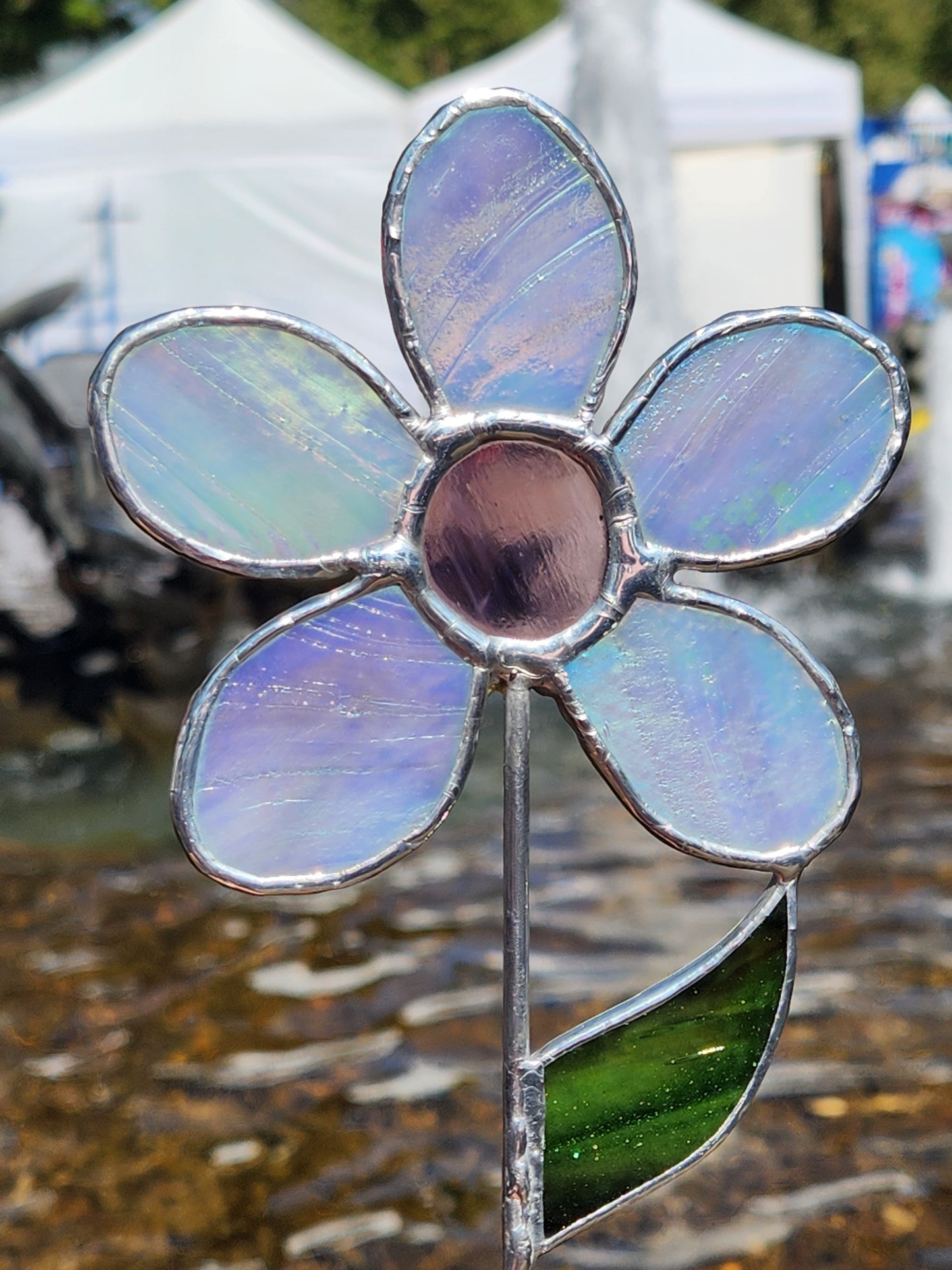 Gray Iridescent Stained Glass Daisy Plant Stake with Purple Wispy Center