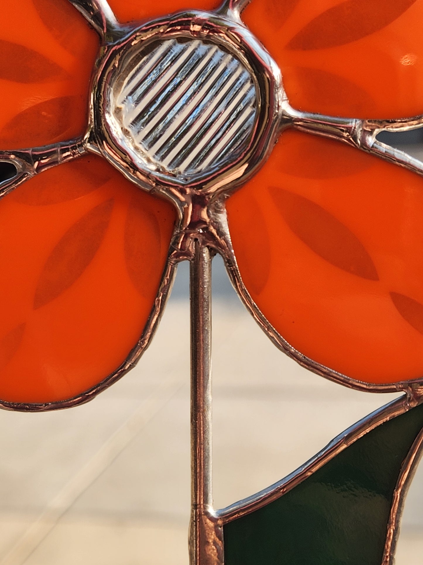 Etched Orange Stained Glass Daisy Plant Stake with Clear Reeded Center