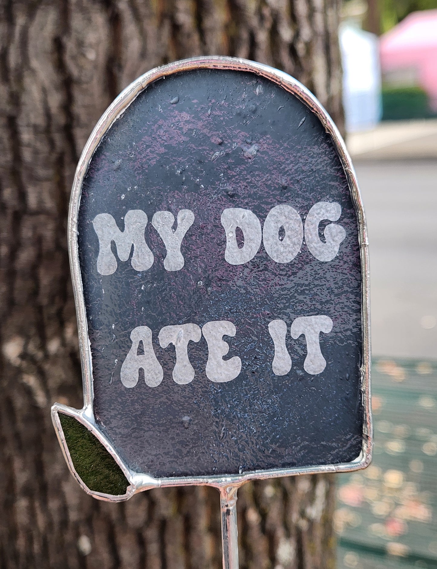 Gray "My Dog Ate It" Headstone Stained Glass Plant Stake