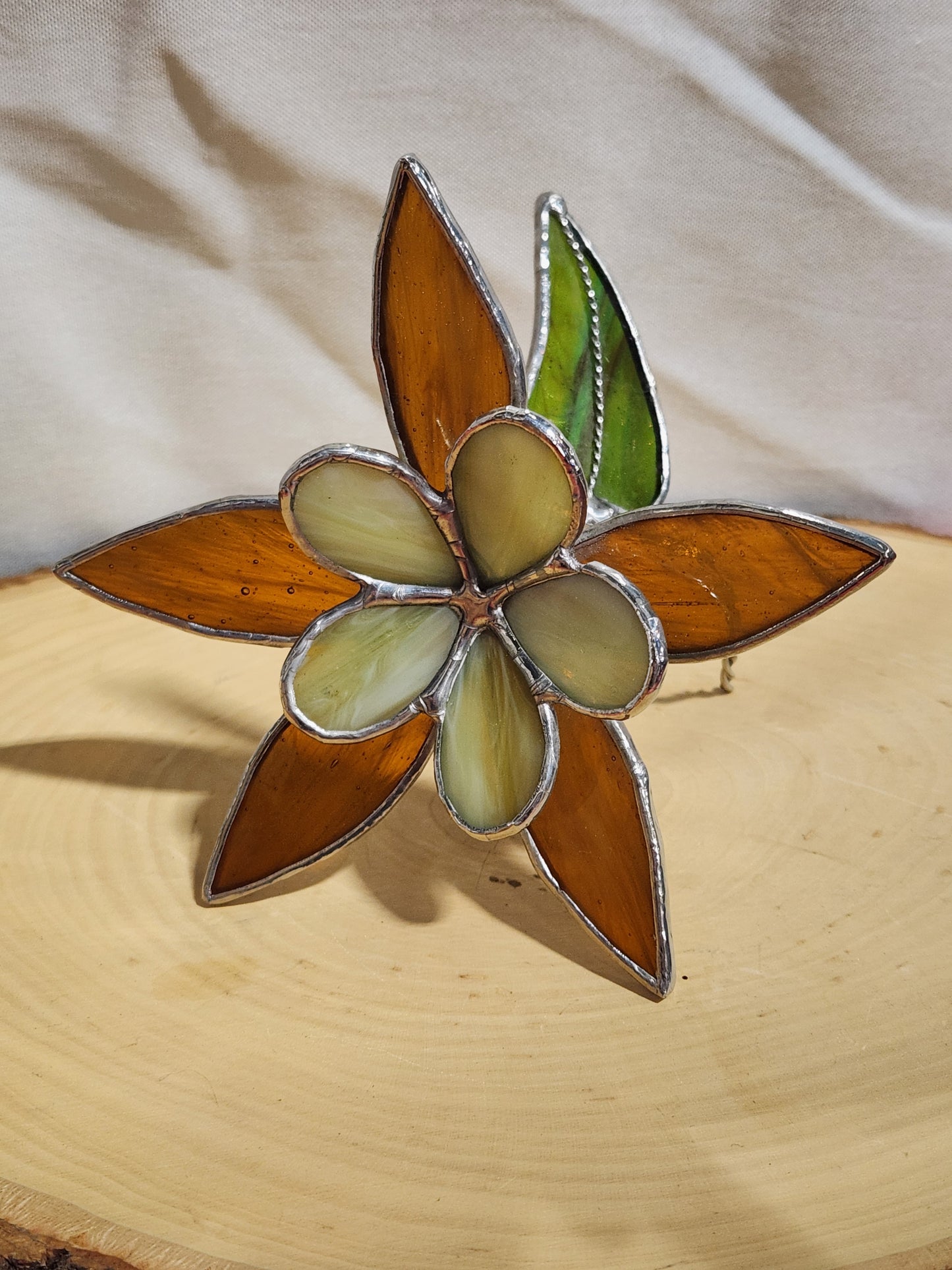 Brown Streaky Glass & Seafoam Stained Glass Table Flower