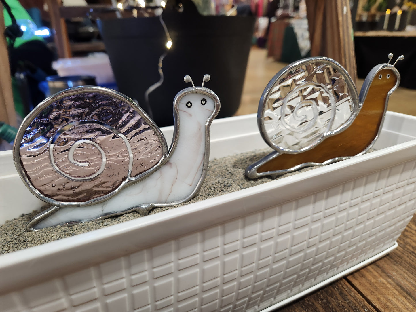 White with Mauve Streaks & Mauve Textured Stained Glass Snail Plant Stake