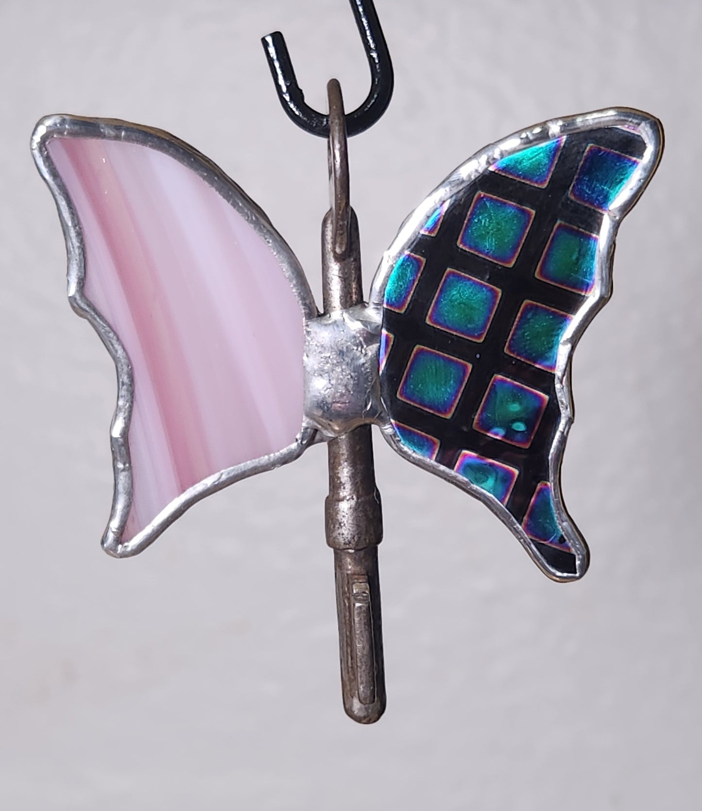 Pink Baroque & Black Dichroic Stained Glass Flying Key