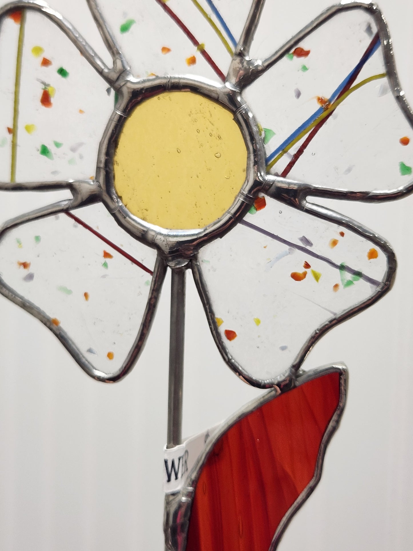 Confetti Stained Glass Wavy Flower Plant Stake with Vintage Amber Glass Center