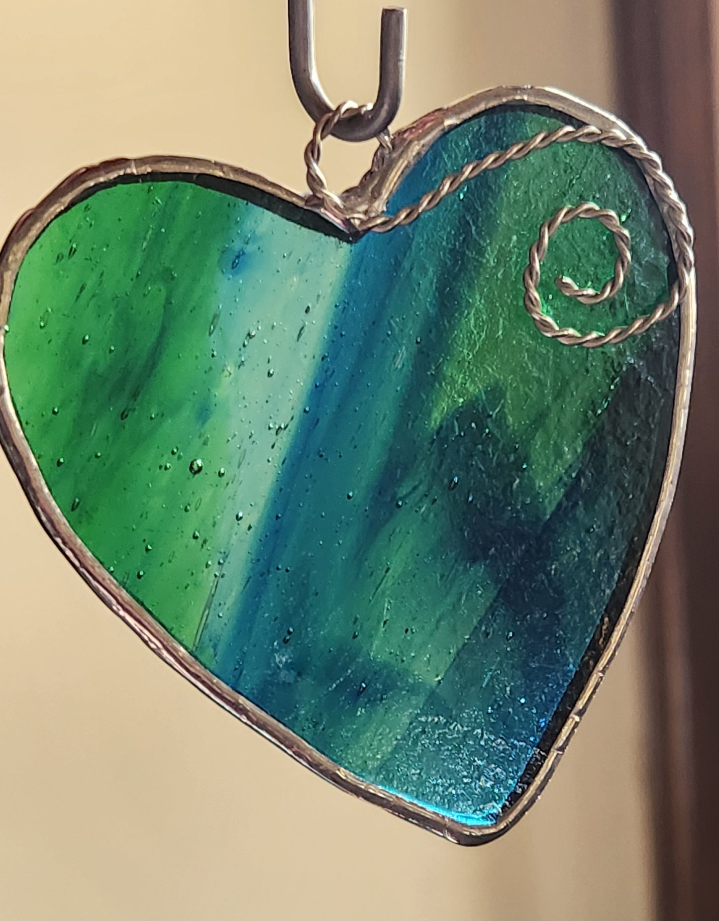 Blue-Green Swirl Stained Glass Heart with Scroll Accent