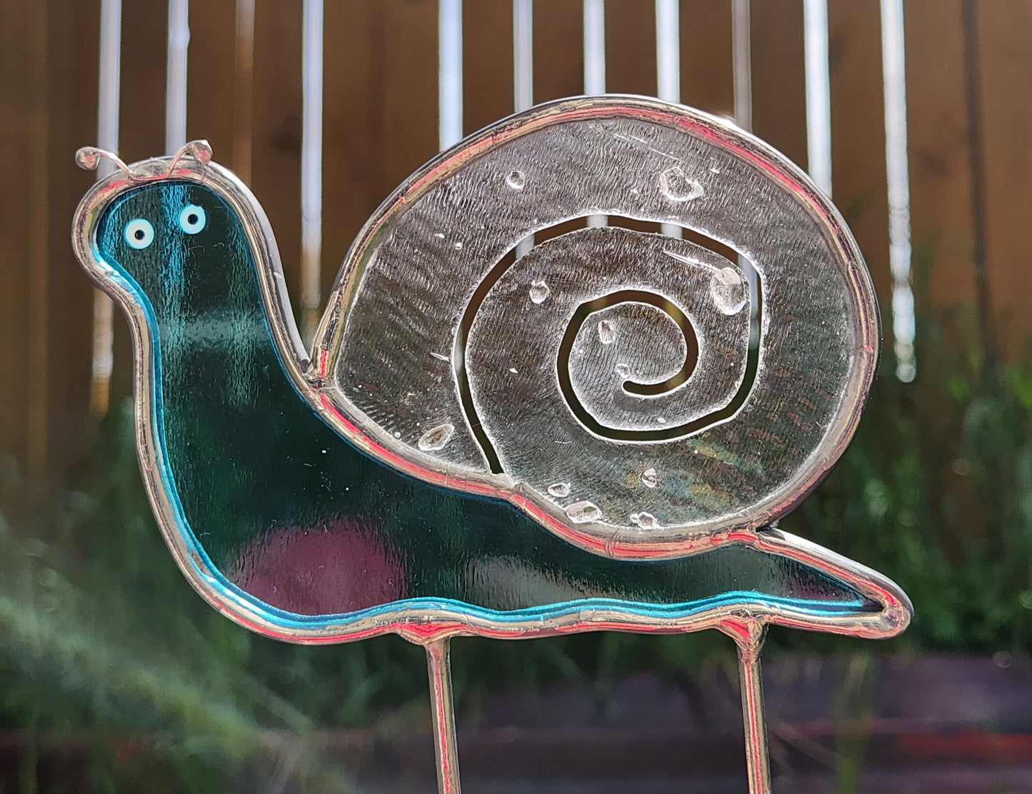 Teal & Iridescent Frit Stained Glass Snail Plant Stake