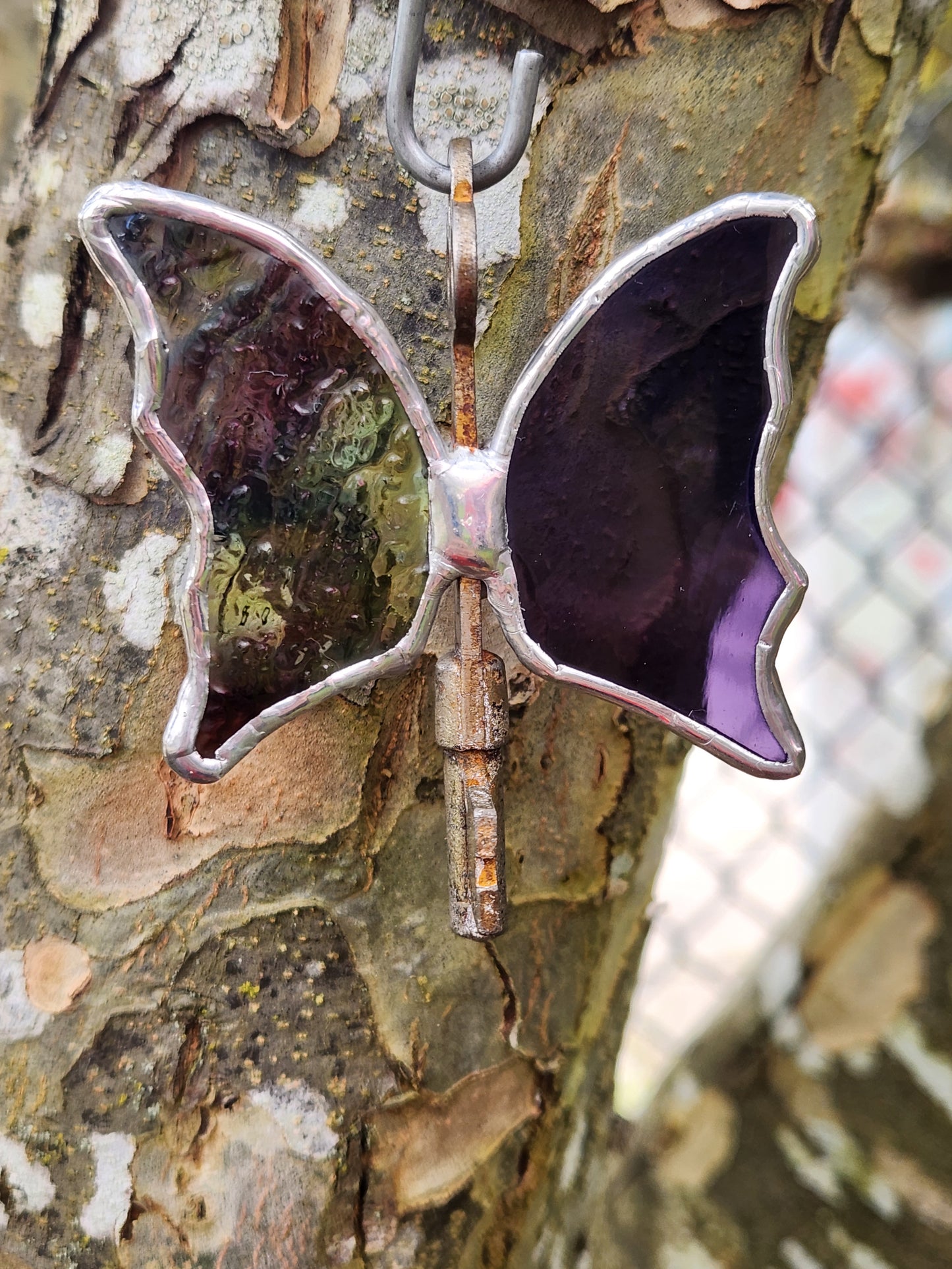Textured Purple Swirl & Dark Purple Stained Glass Flying Key