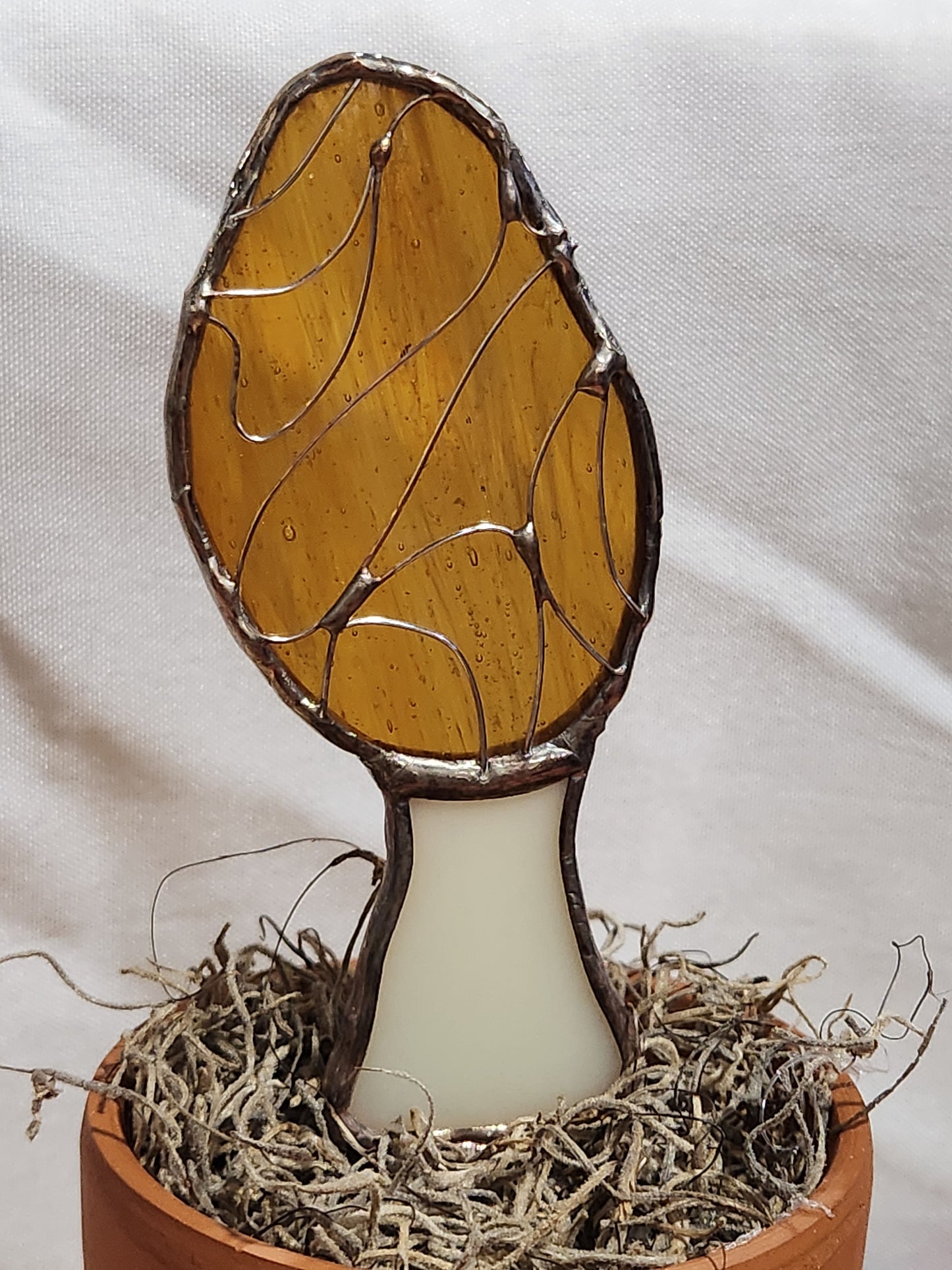 Life-Sized Morel Mushroom Stained Glass Plant Stake - Cooper Patina
