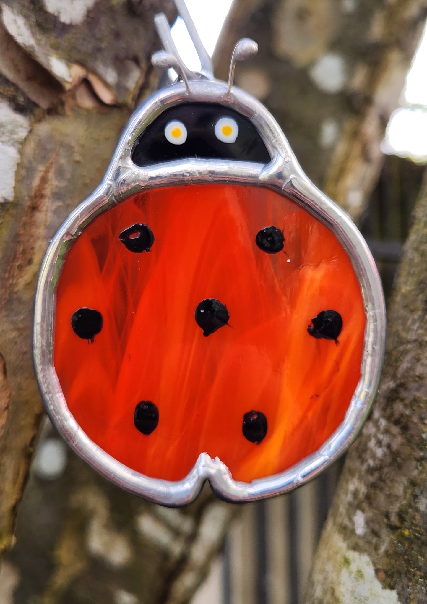 Small Round Hanging Red-Orange Stained Glass Ladybug