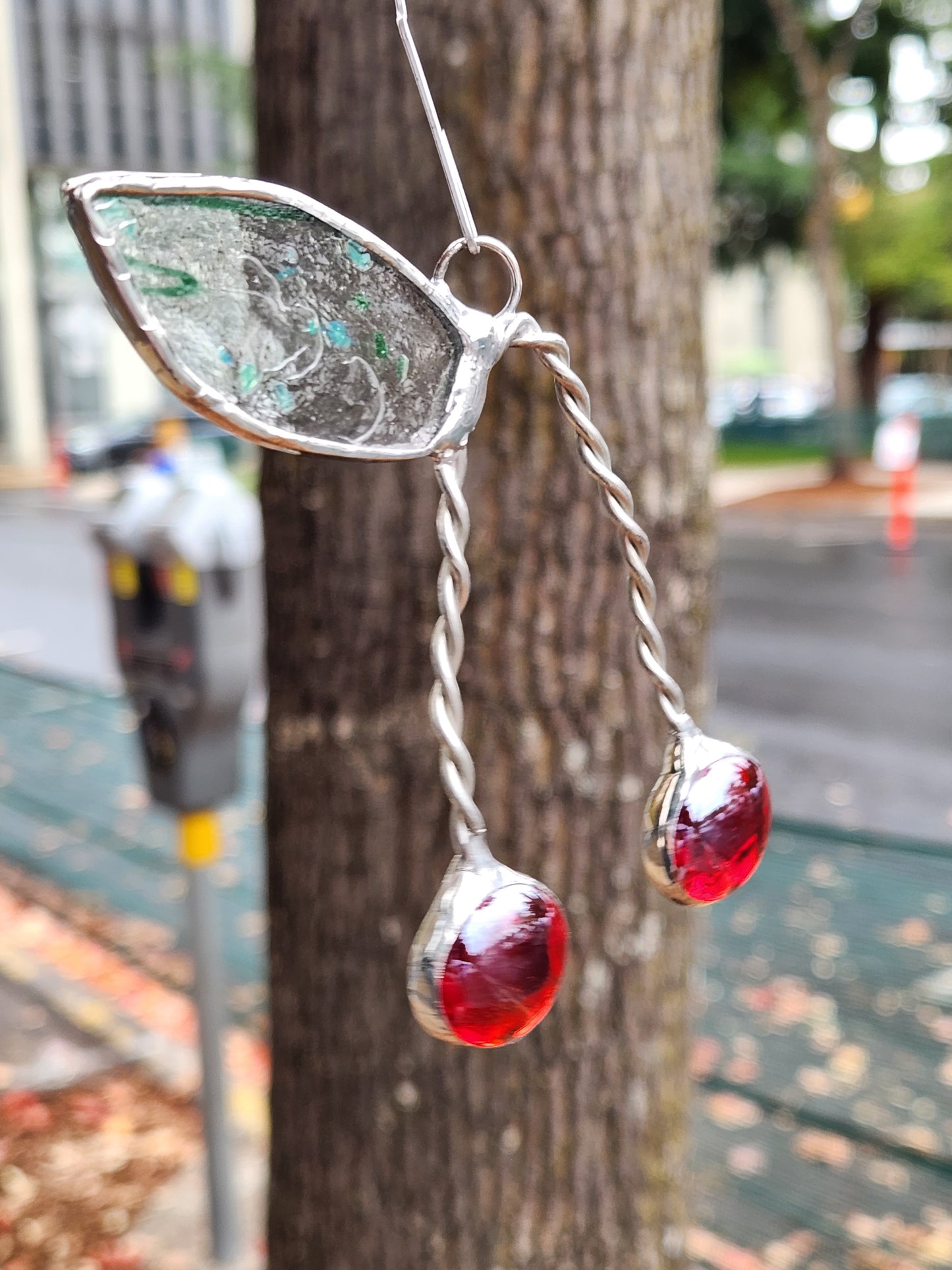Cherry Nugget Glass with Green Confetti Leaf Stained Glass