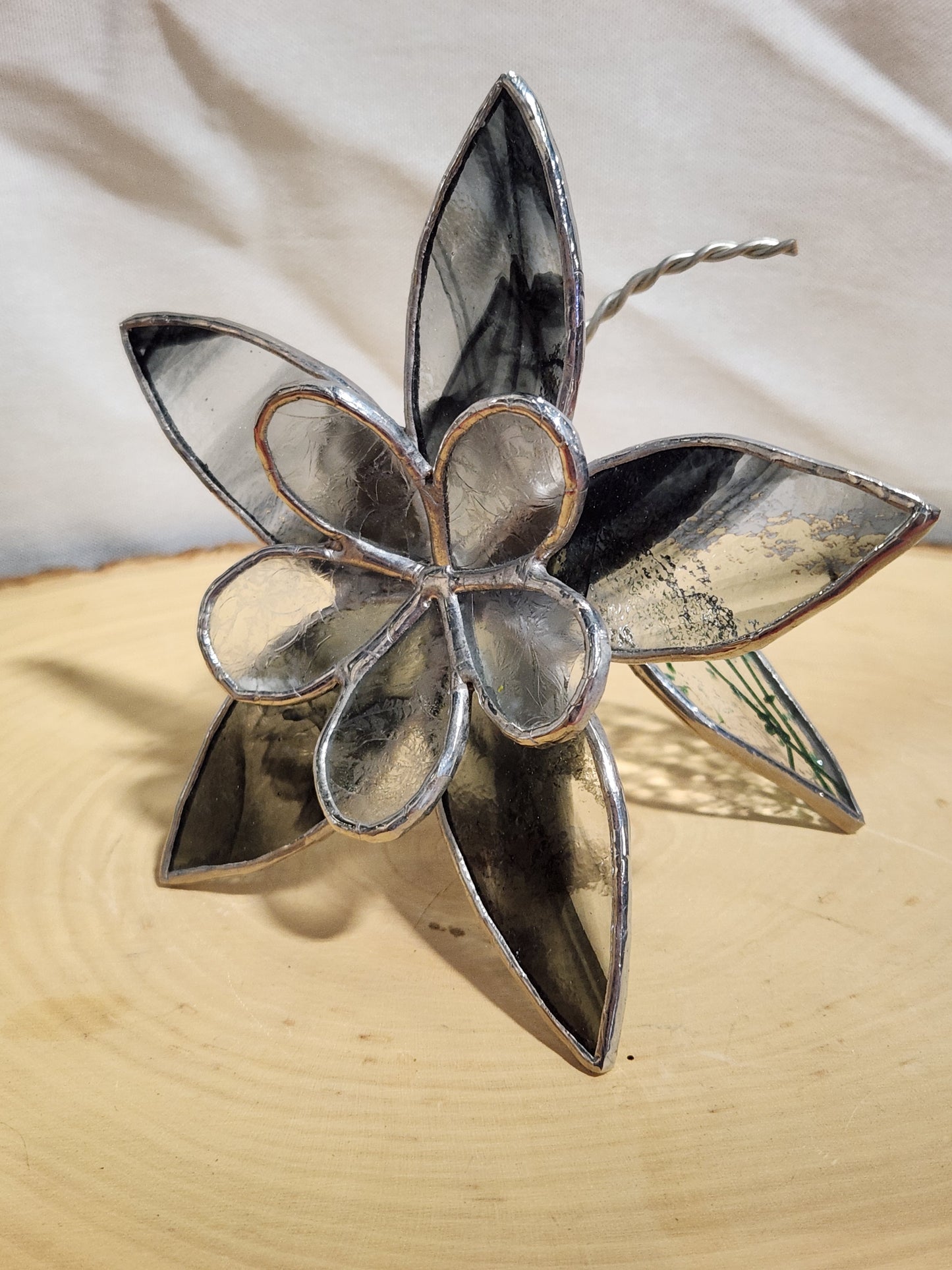 Black & Clear Streaky Textured Glass and Ice Flake Stained Glass Table Flower