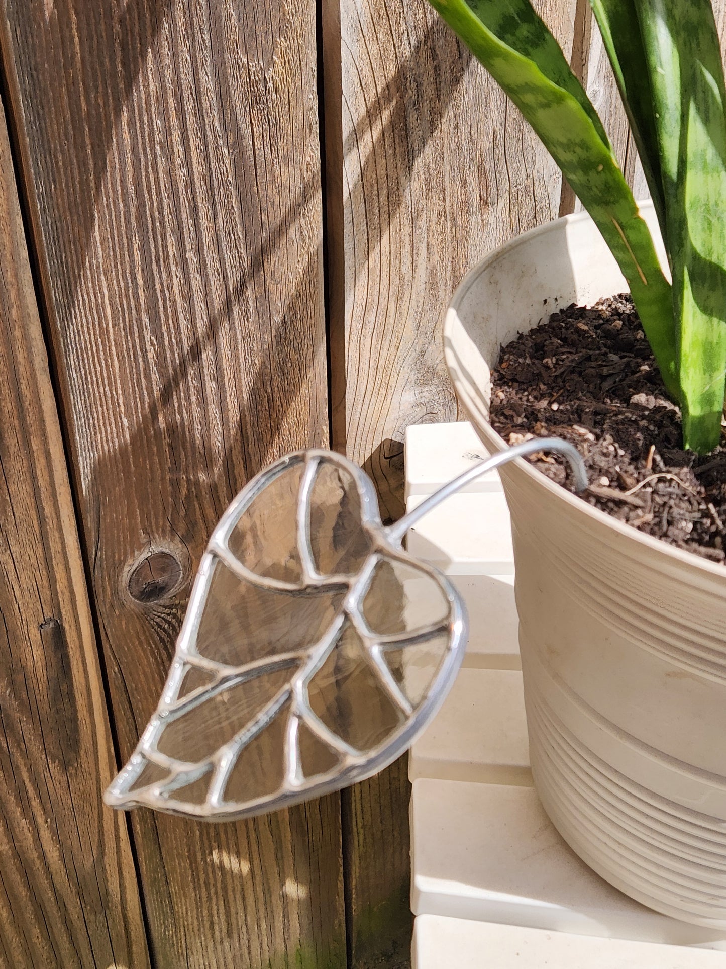 Clear "Antique" Stained Glass Elven Leaf Plant Stake