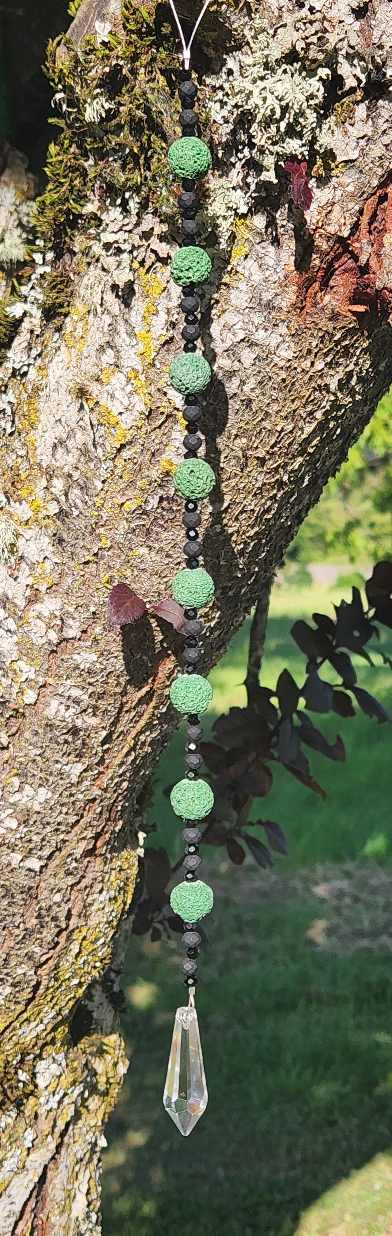 Green & Black Lava Rocks with Black Glass Beads Suncatcher