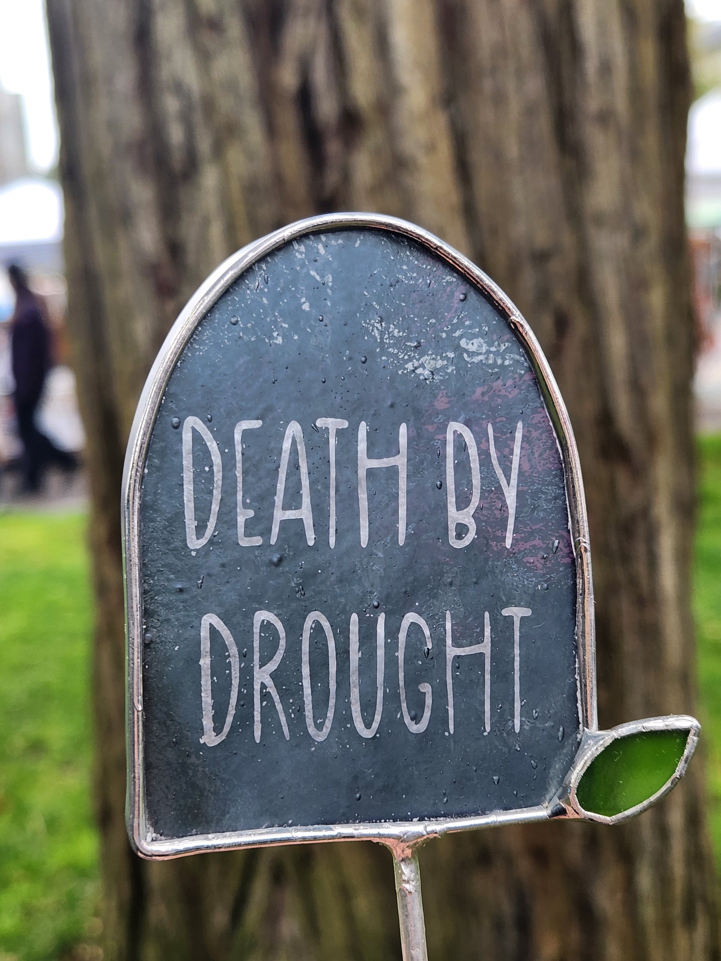 Gray "Death By Drought" Headstone Stained Glass Plant Stake