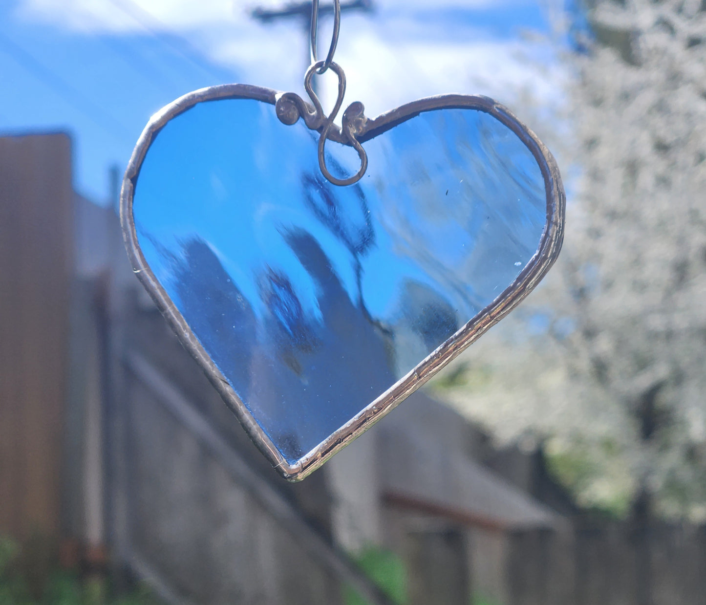 Blue Waterglass Stained Glass Heart with scroll hook